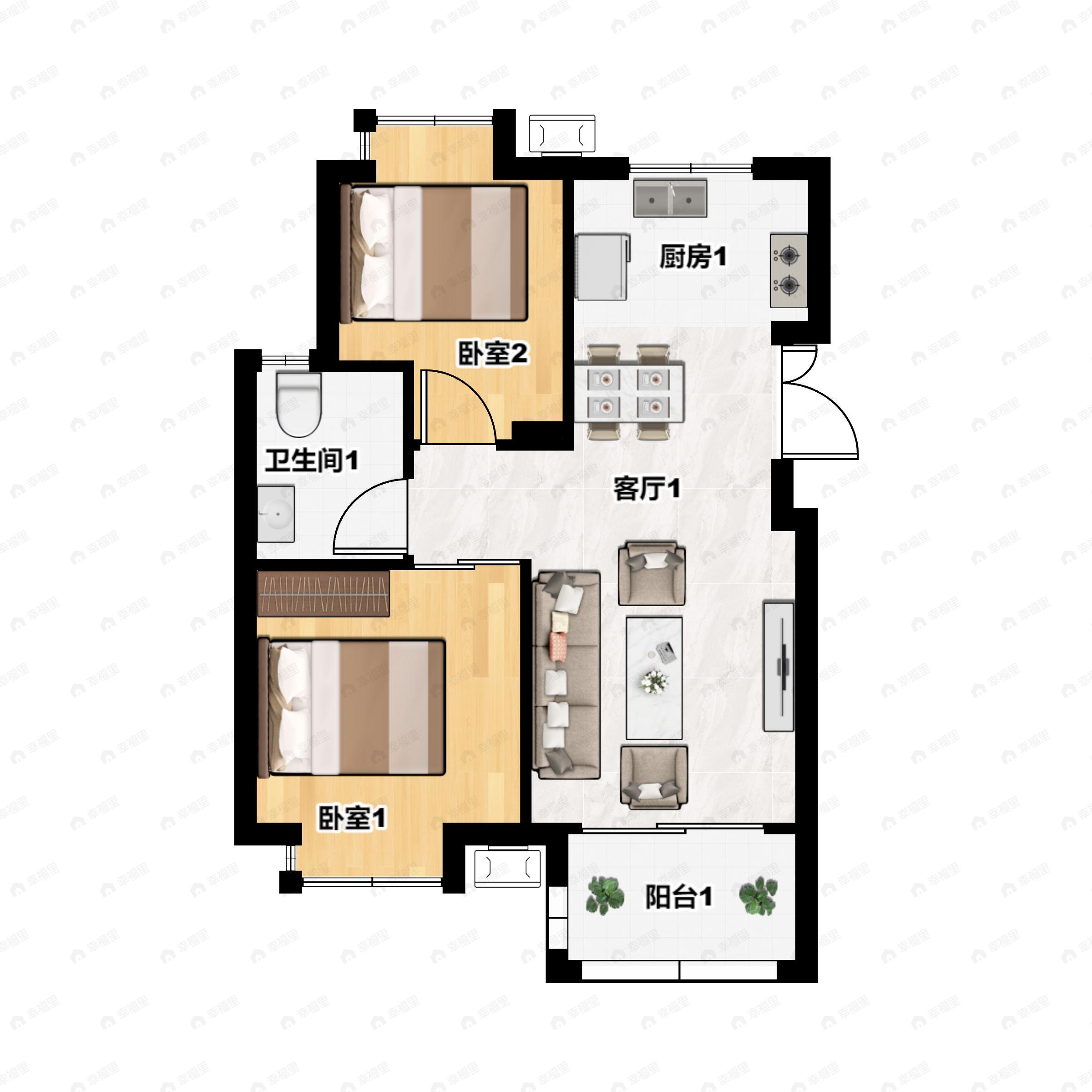 2室2厅1卫建面77平南|北户型图