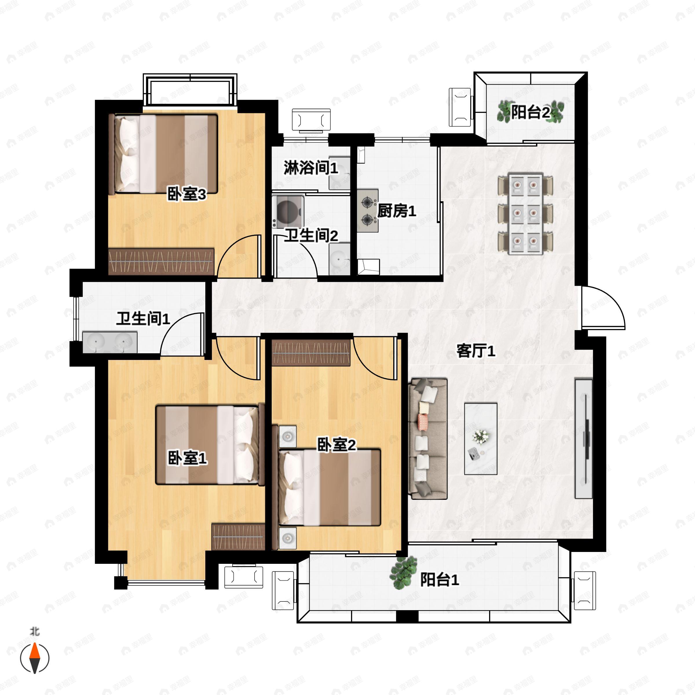 3室2厅2卫建面116m²南户型图
