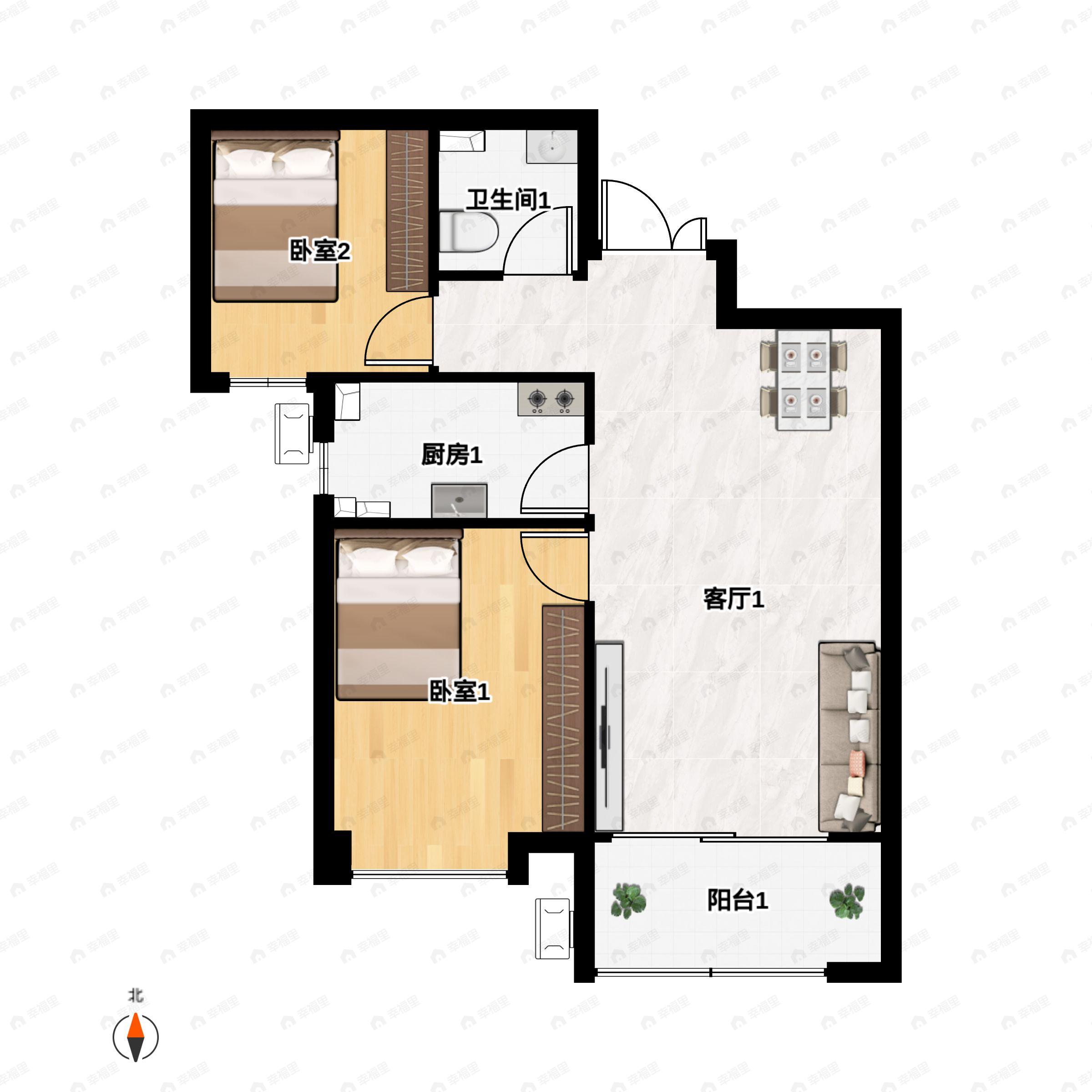 2室2厅1卫建面75平户型图