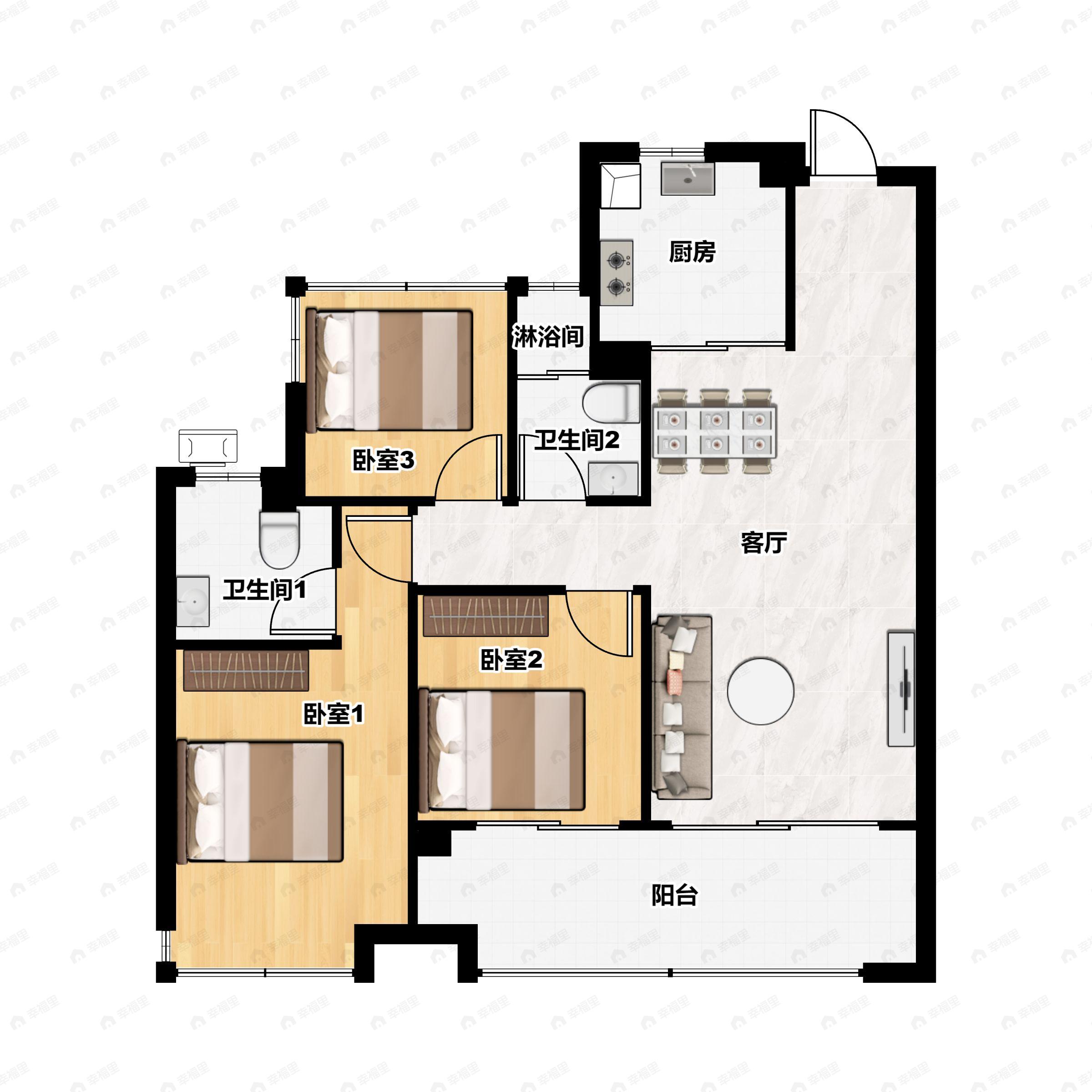 3室2厅2卫建面115平南户型图