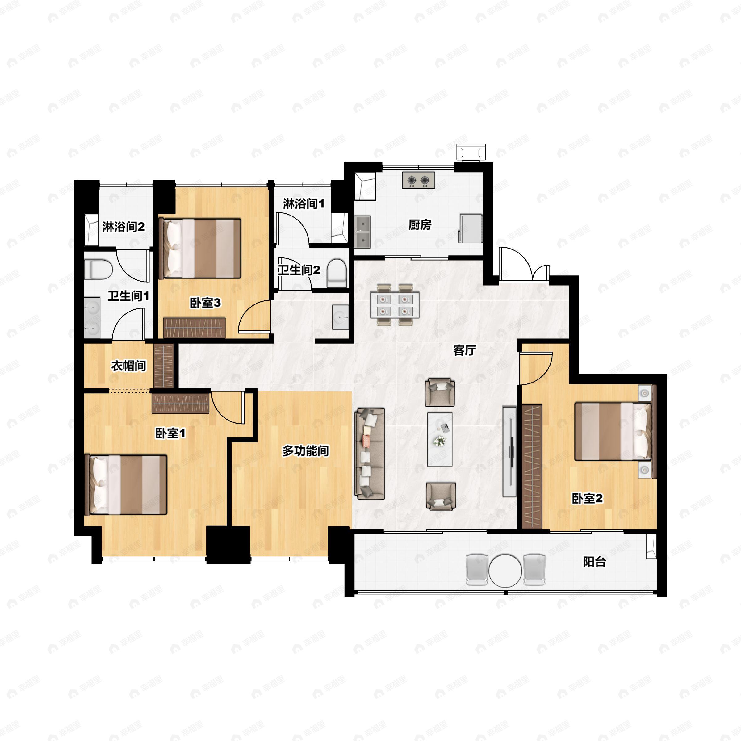 3室2厅2卫建面143m²南户型图