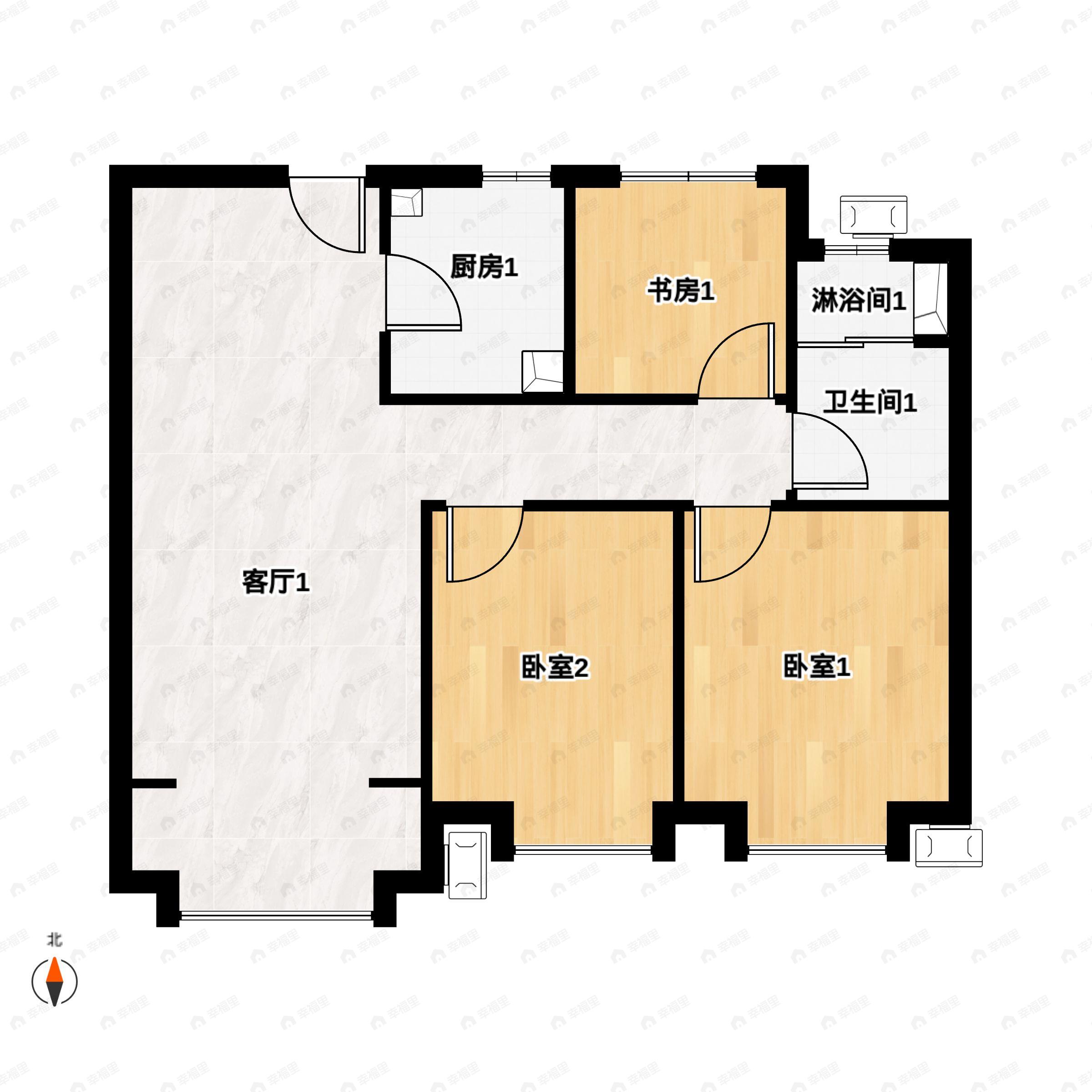 3室2厅1卫建面90m²北|南户型图