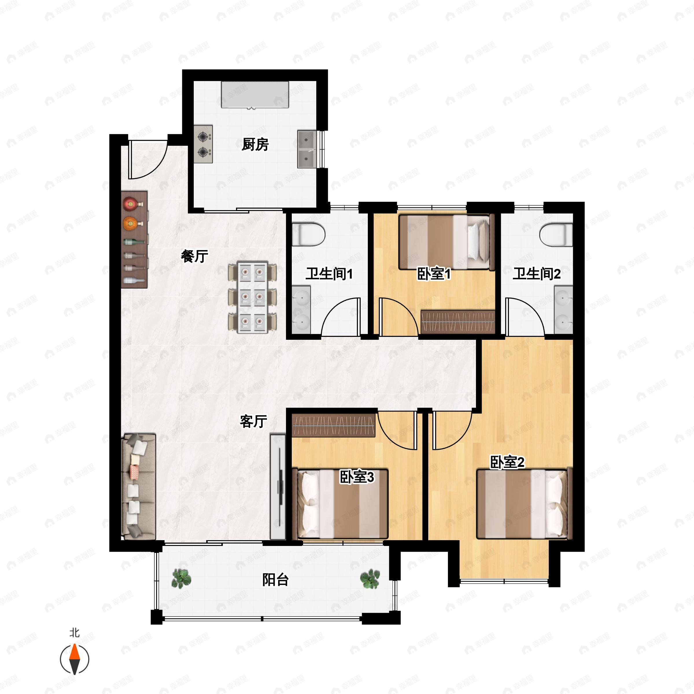 3室2厅2卫建面105m²南户型图