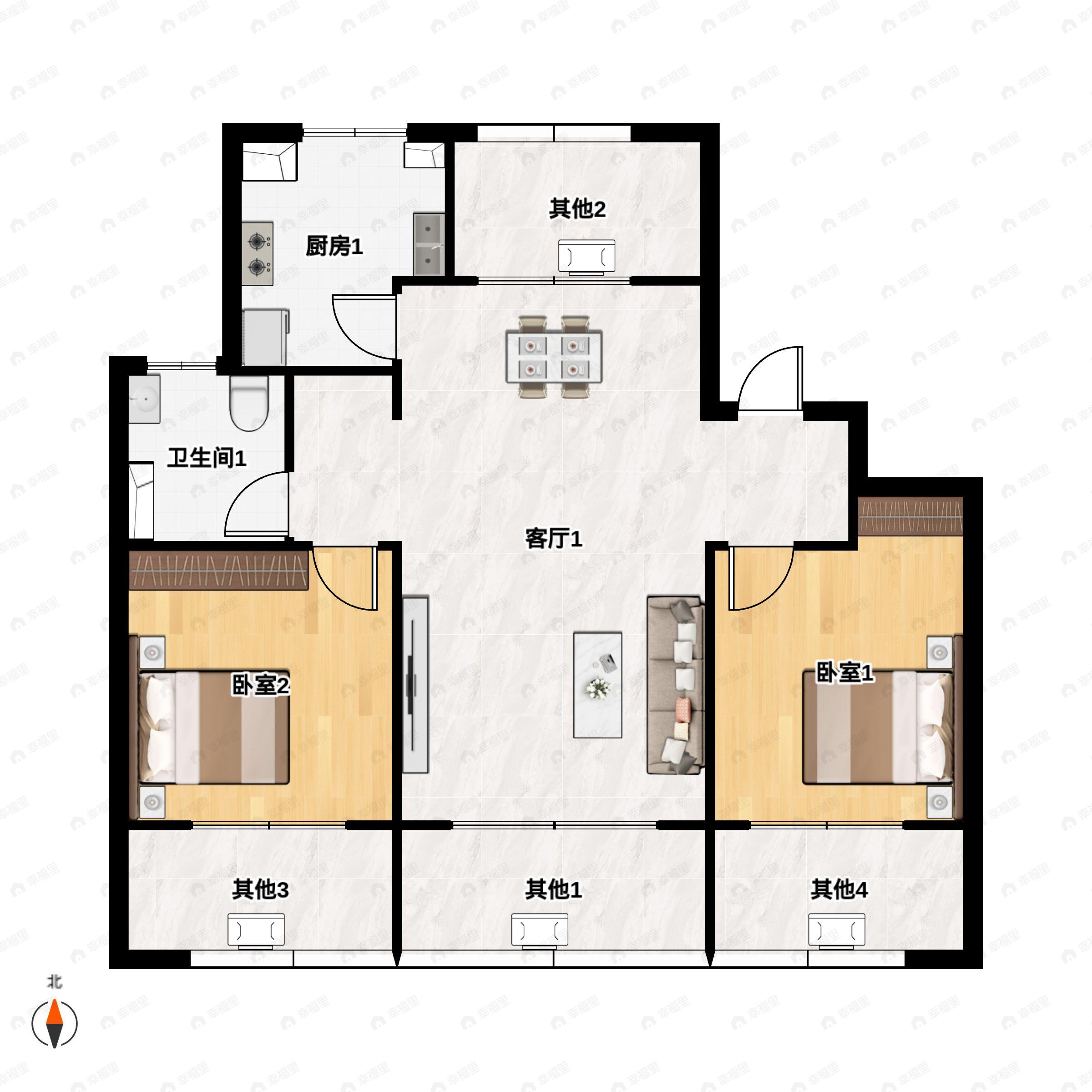 2室2厅1卫建面83平南户型图