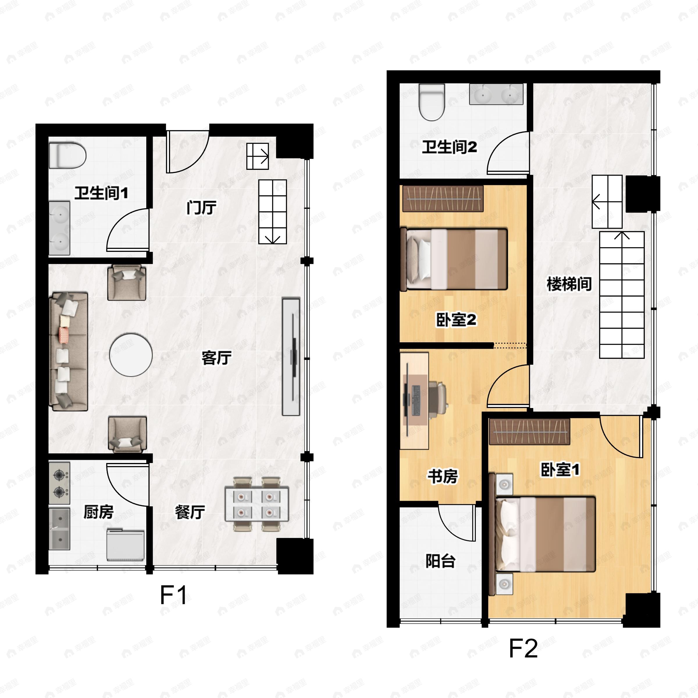 2室2厅2卫建面51平户型图