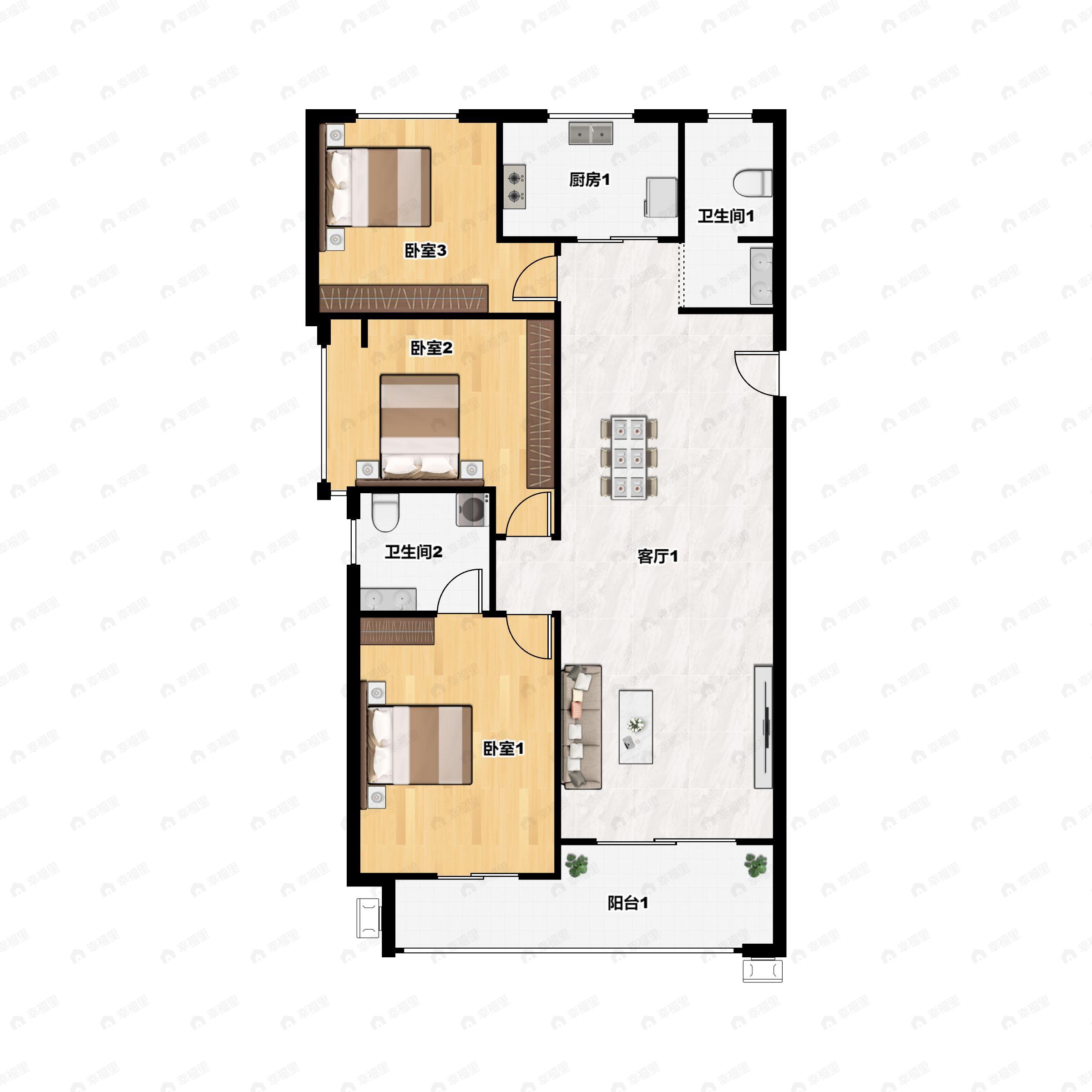3室2厅2卫建面128平南户型图