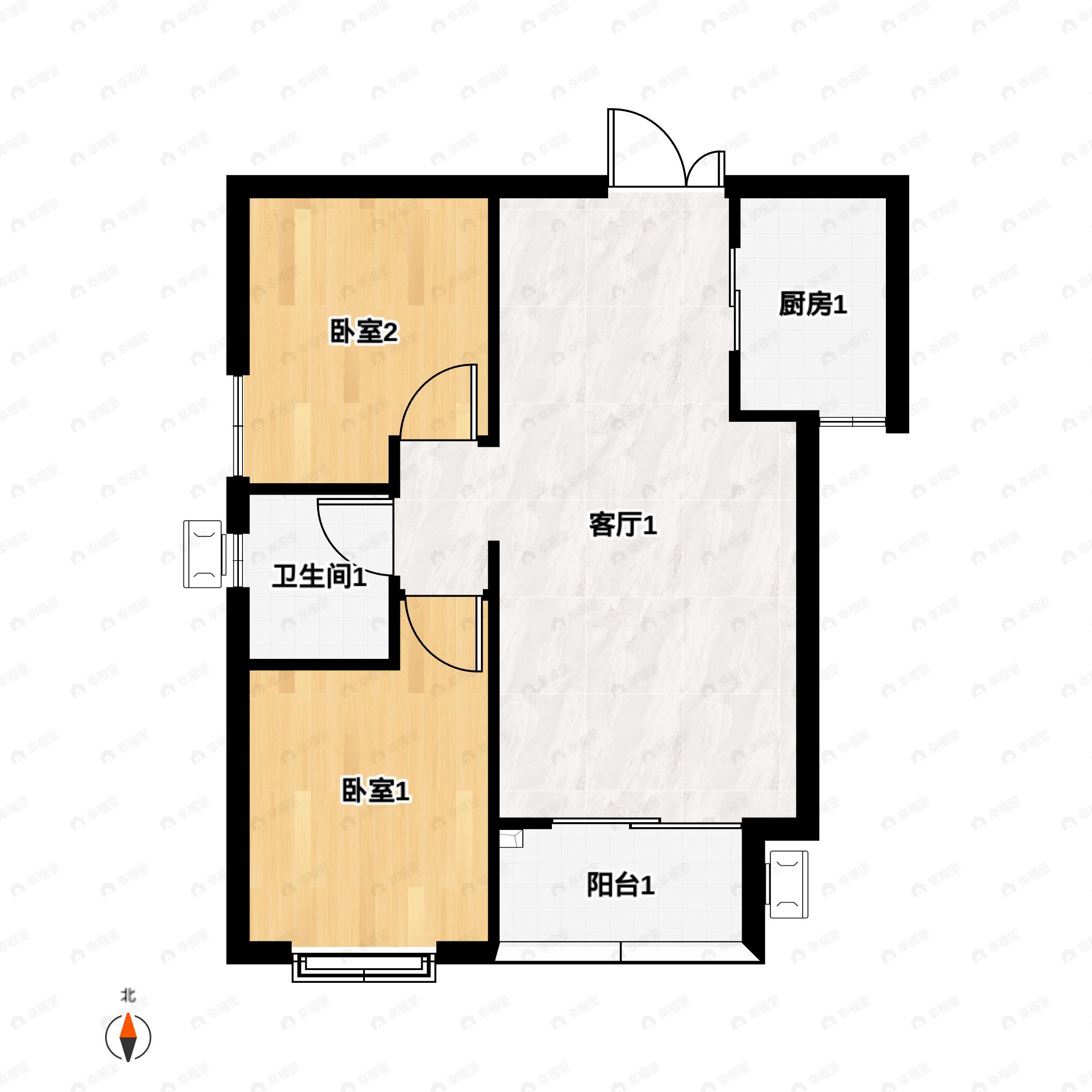2室2厅1卫建面76m²南户型图