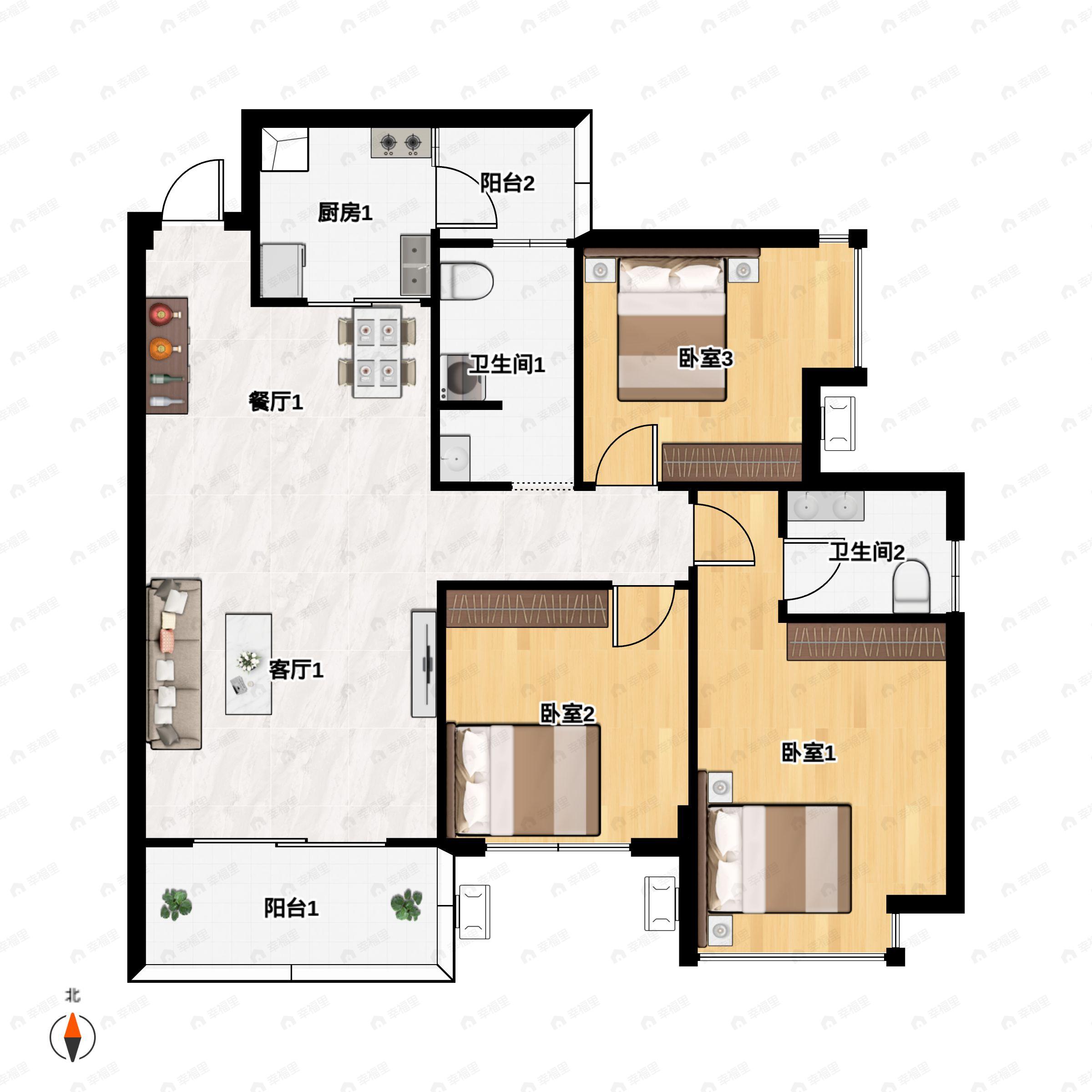 3室2厅2卫建面99平南户型图