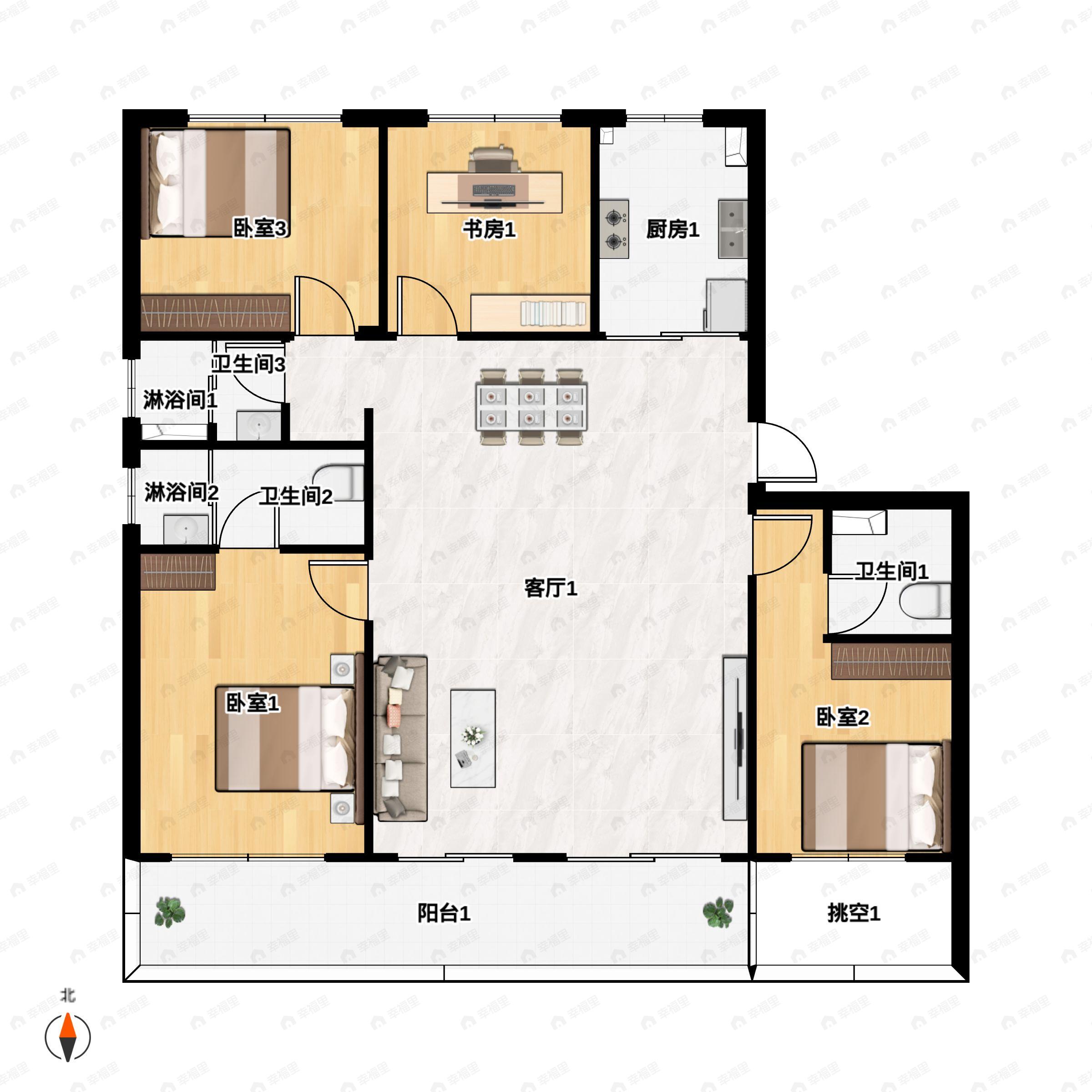 4室2厅3卫建面166平南|北户型图