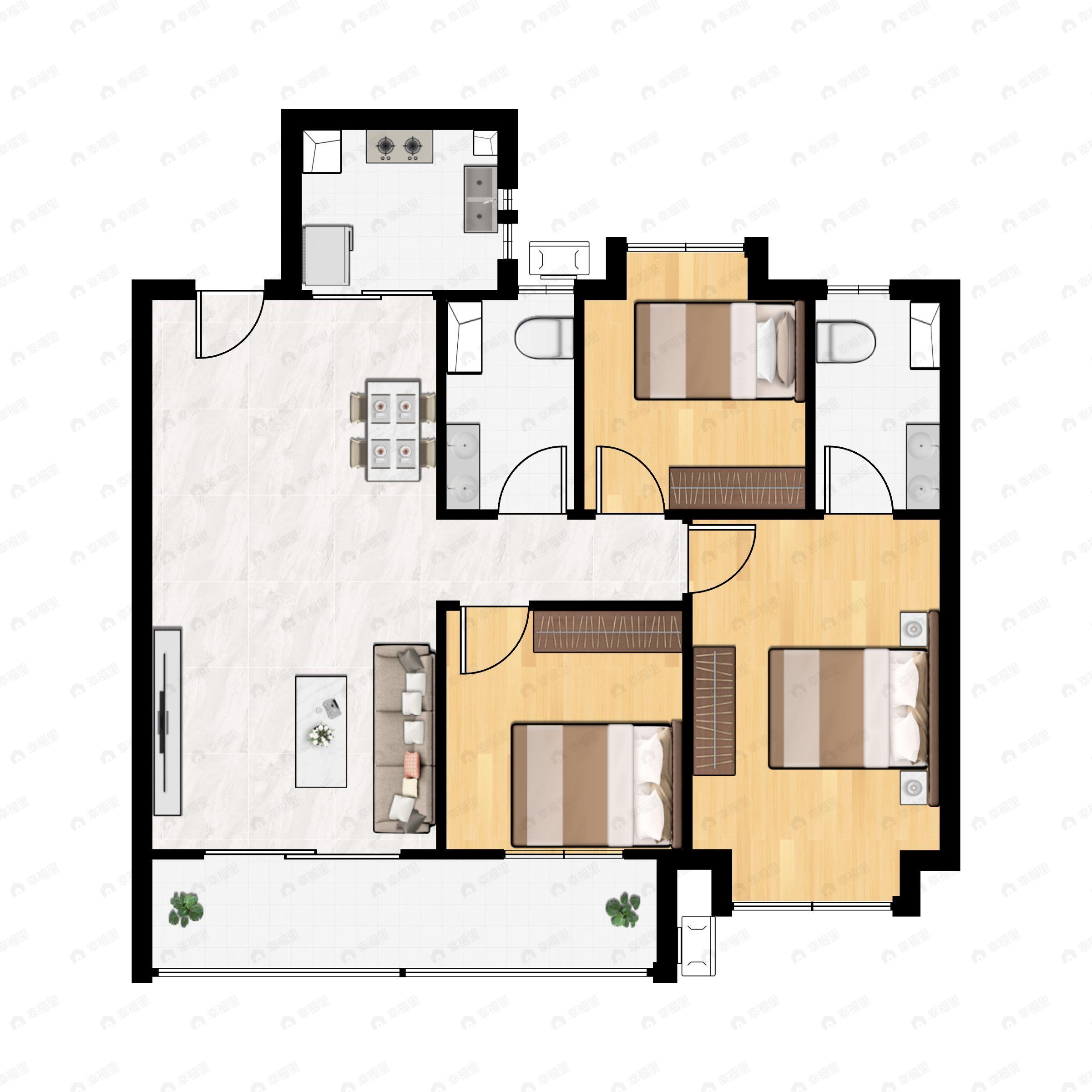 3室2厅2卫建面102平户型图