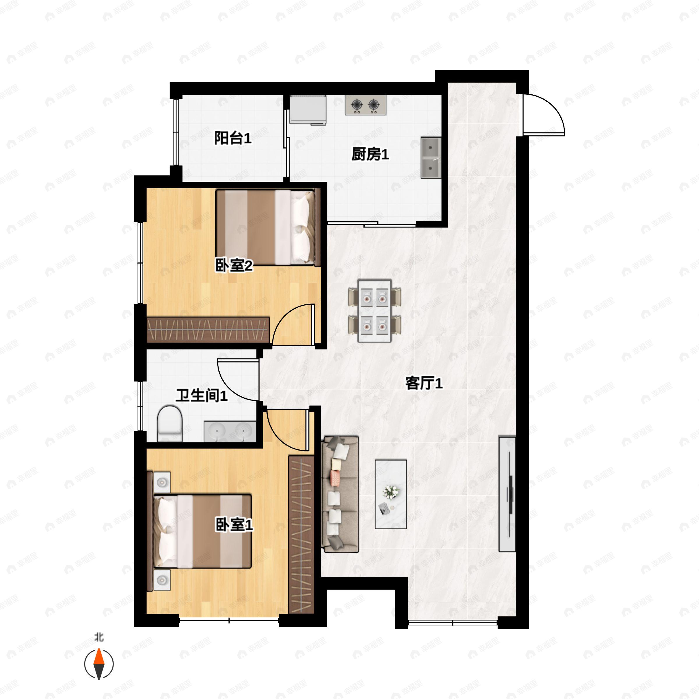 2室2厅1卫建面82m²东|西户型图
