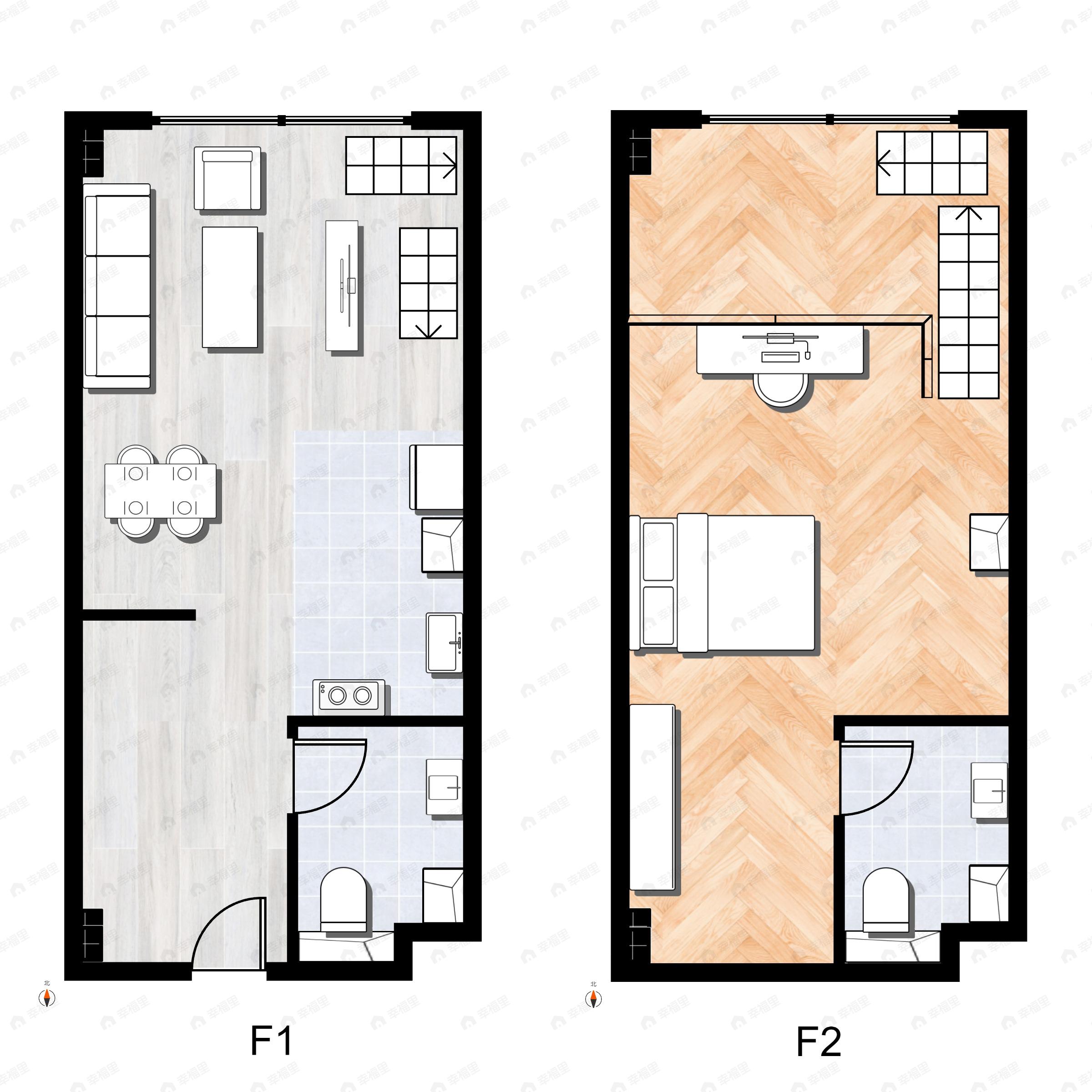1室2厅2卫建面48平北户型图