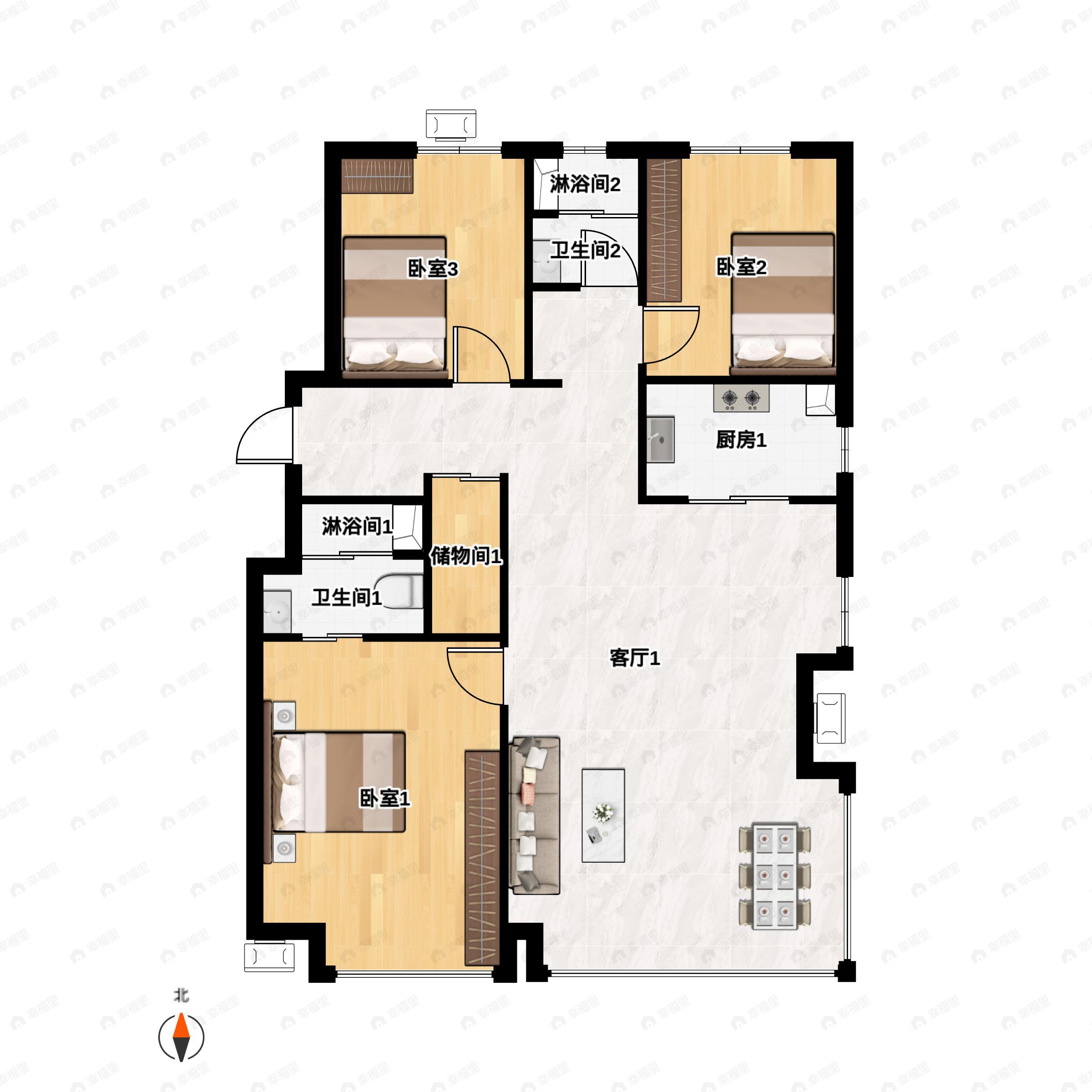 3室2厅2卫建面119平户型图