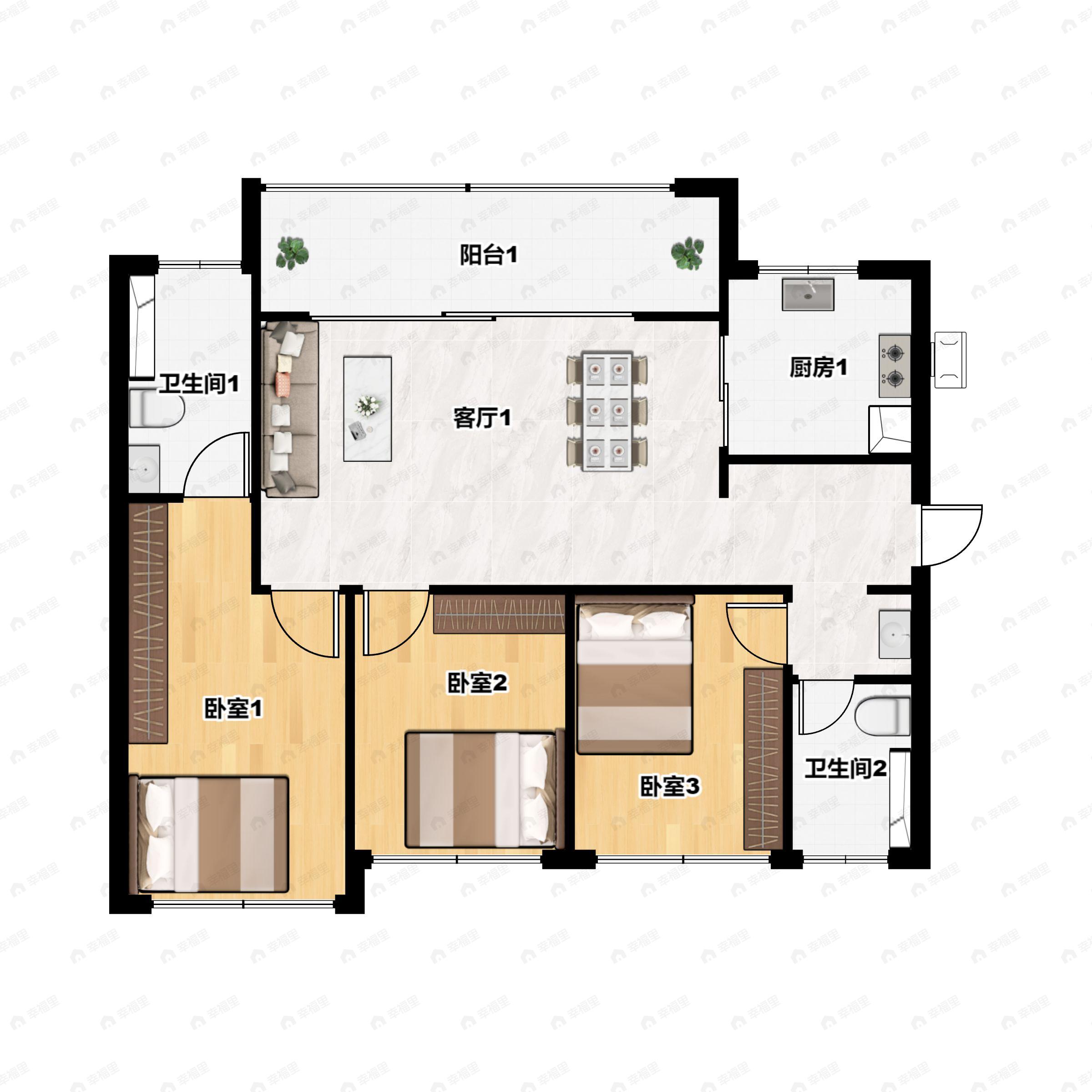 3室2厅2卫建面102平户型图