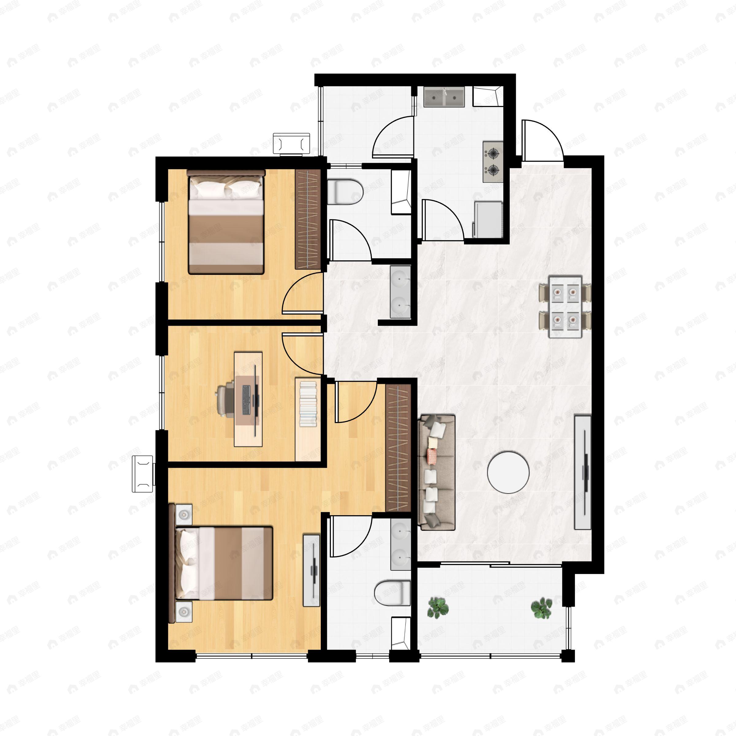 3室2厅2卫建面90平户型图