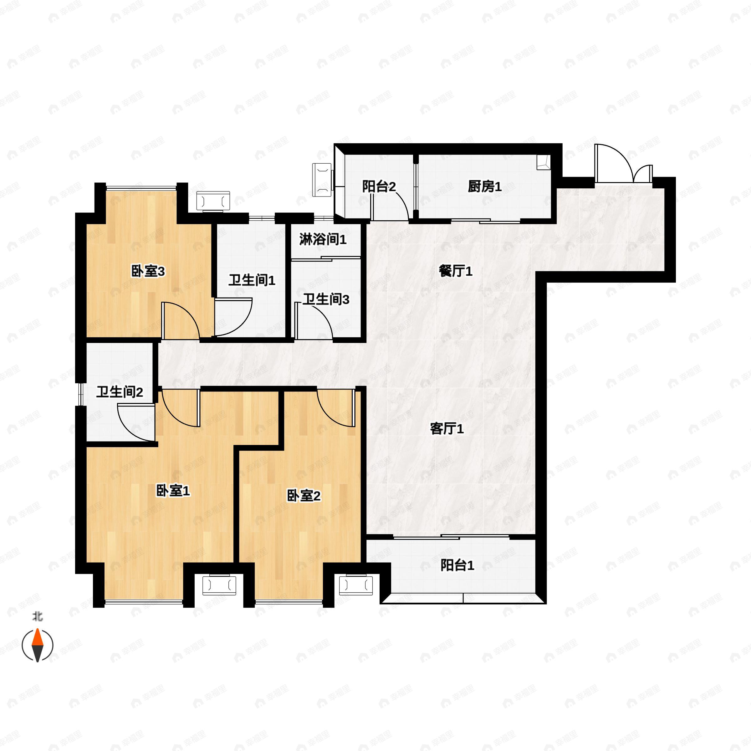 3室2厅3卫建面134m²南户型图