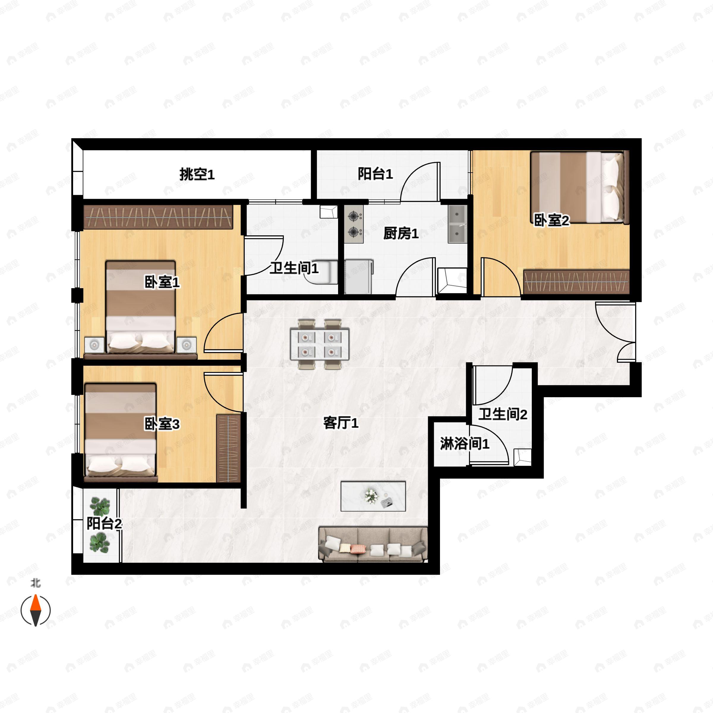 3室2厅1卫建面126平南户型图