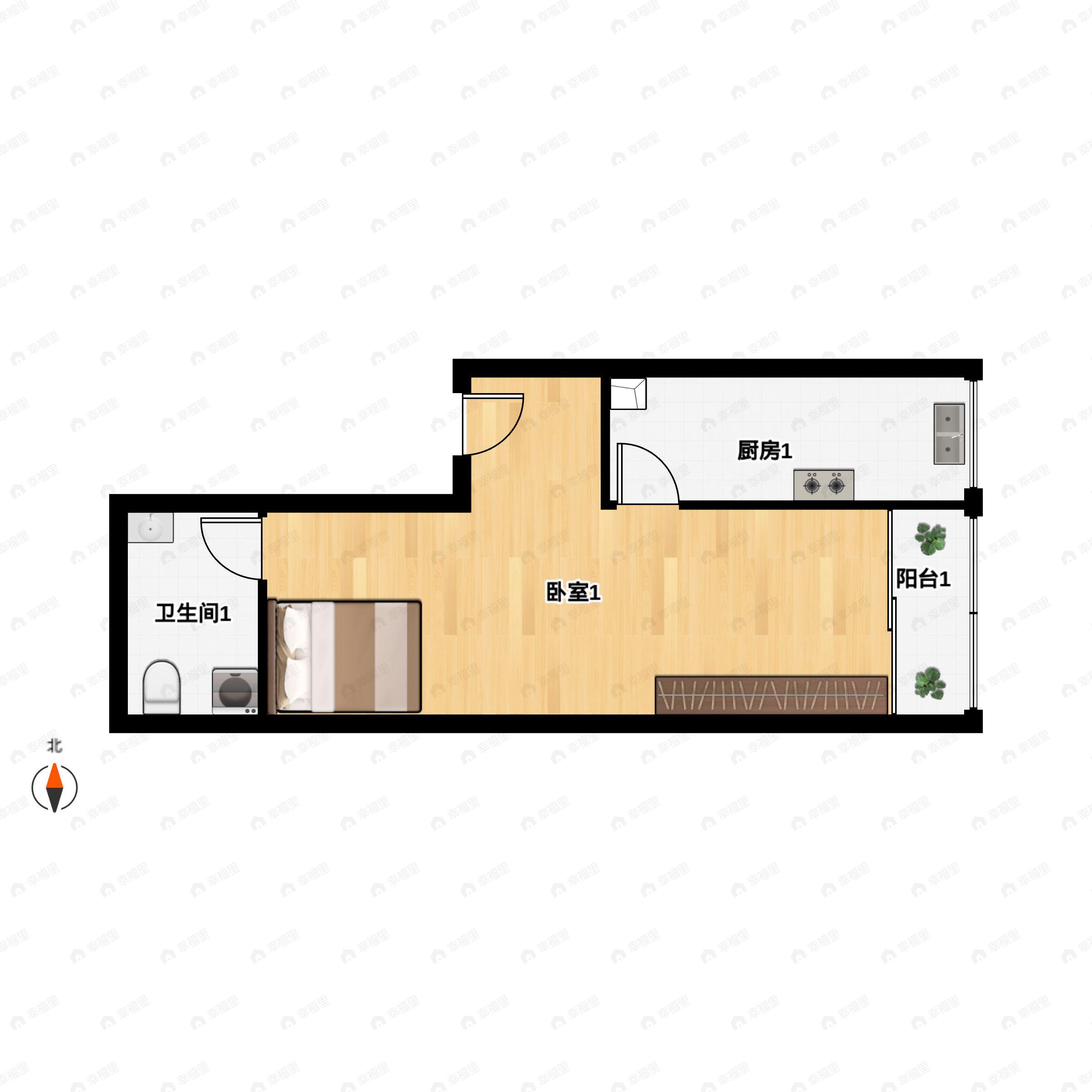 1室1厅1卫建面52m²南户型图