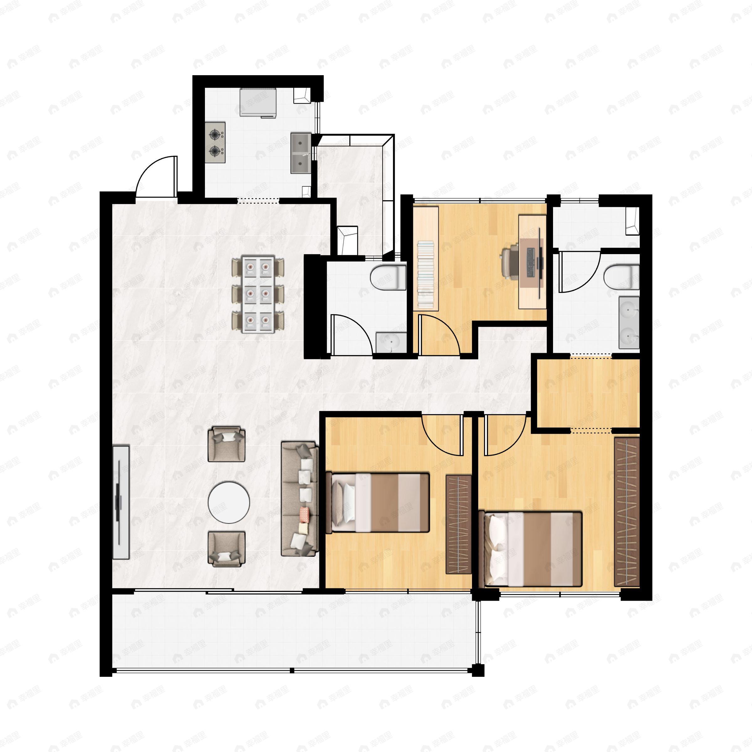 3室2厅2卫建面125m²南户型图