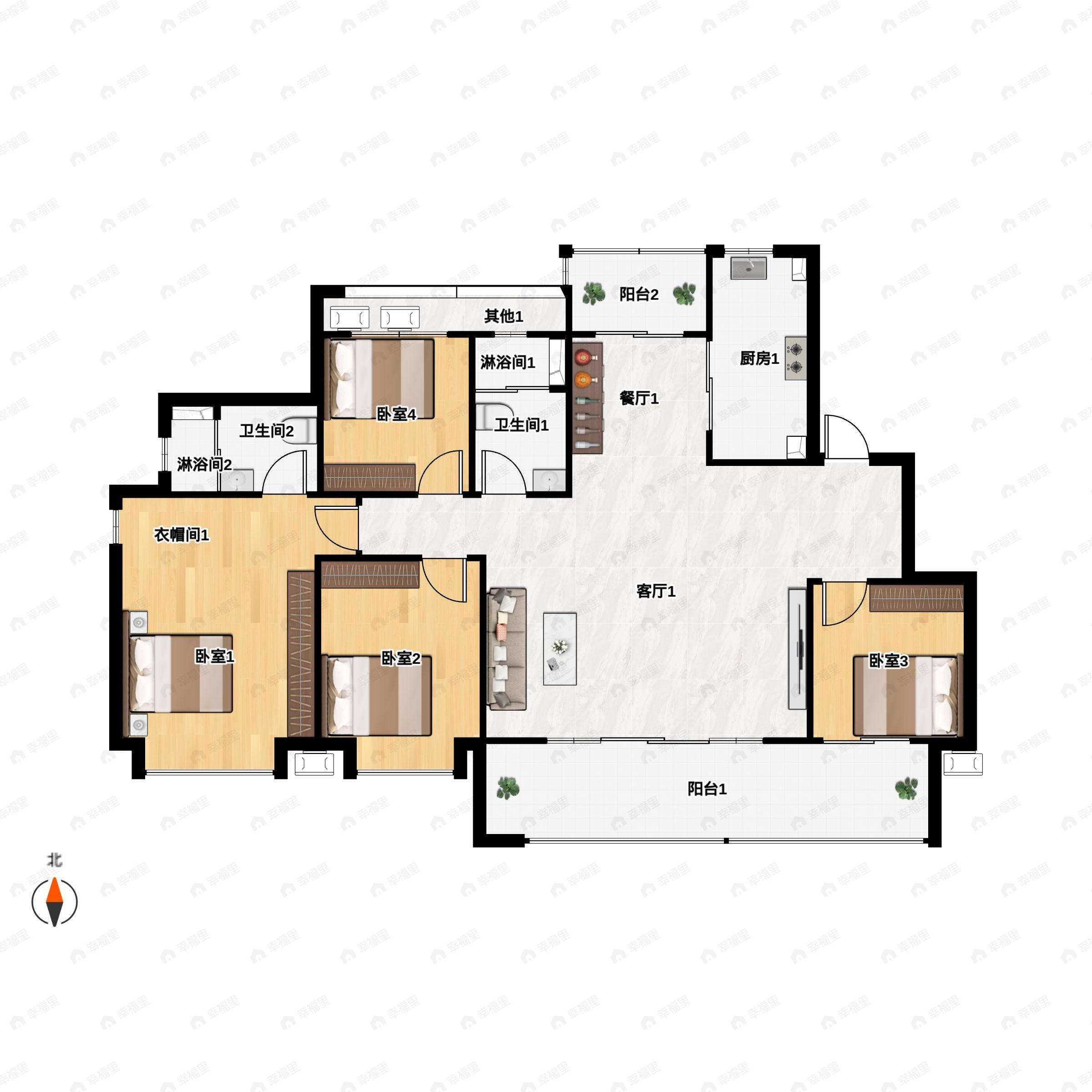 3室2厅2卫建面143m²南户型图