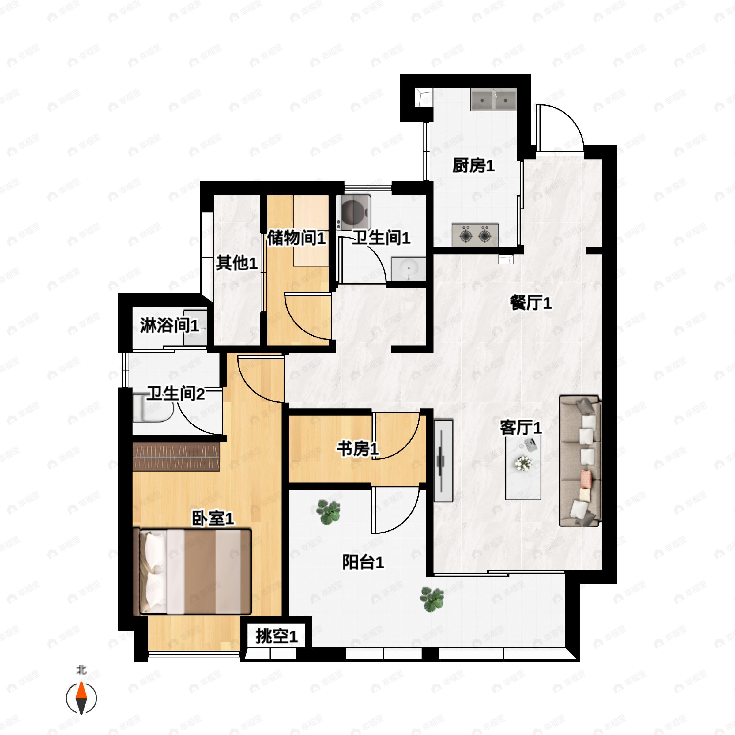 3室2厅2卫建面89m²南|西|北户型图