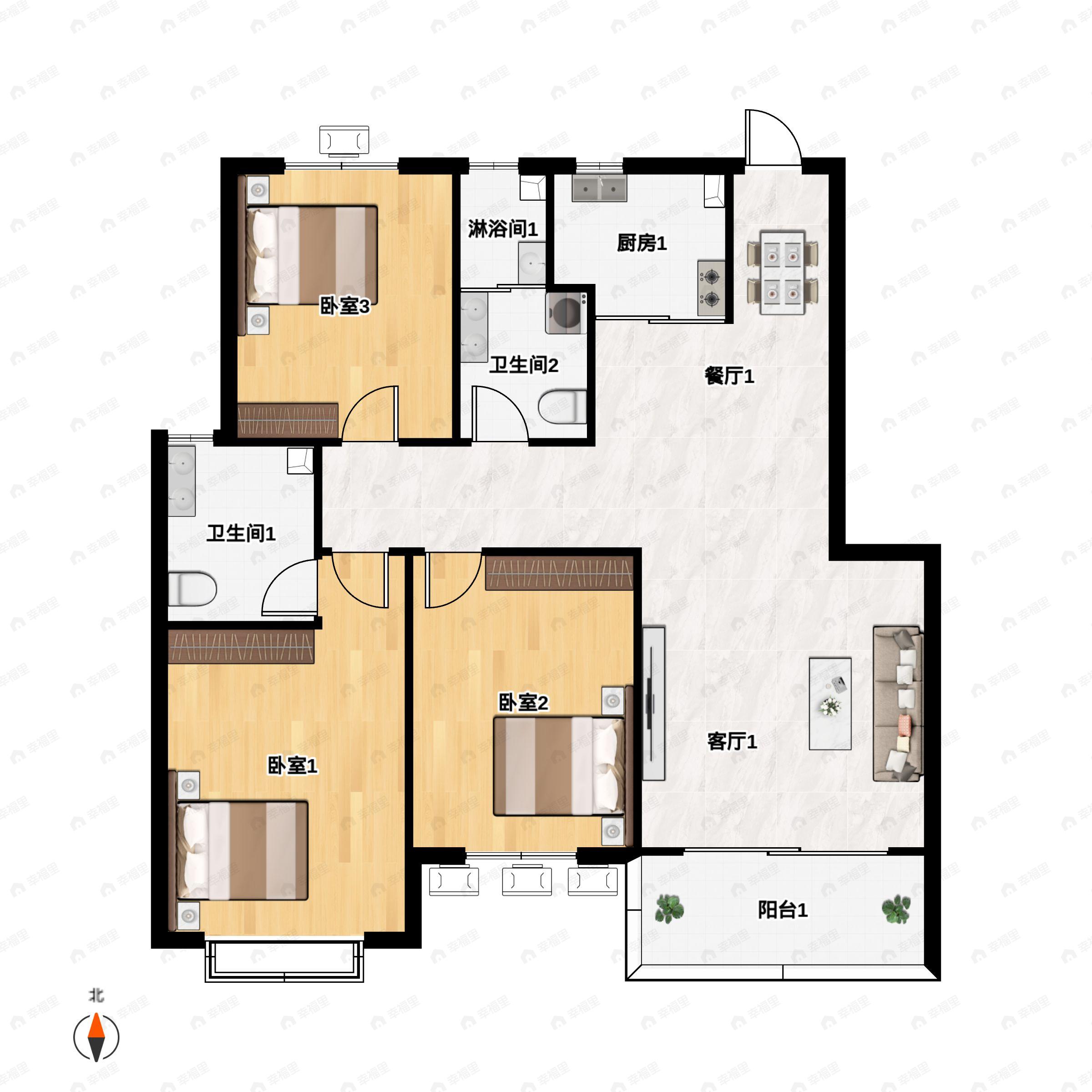 3室2厅2卫建面111平户型图