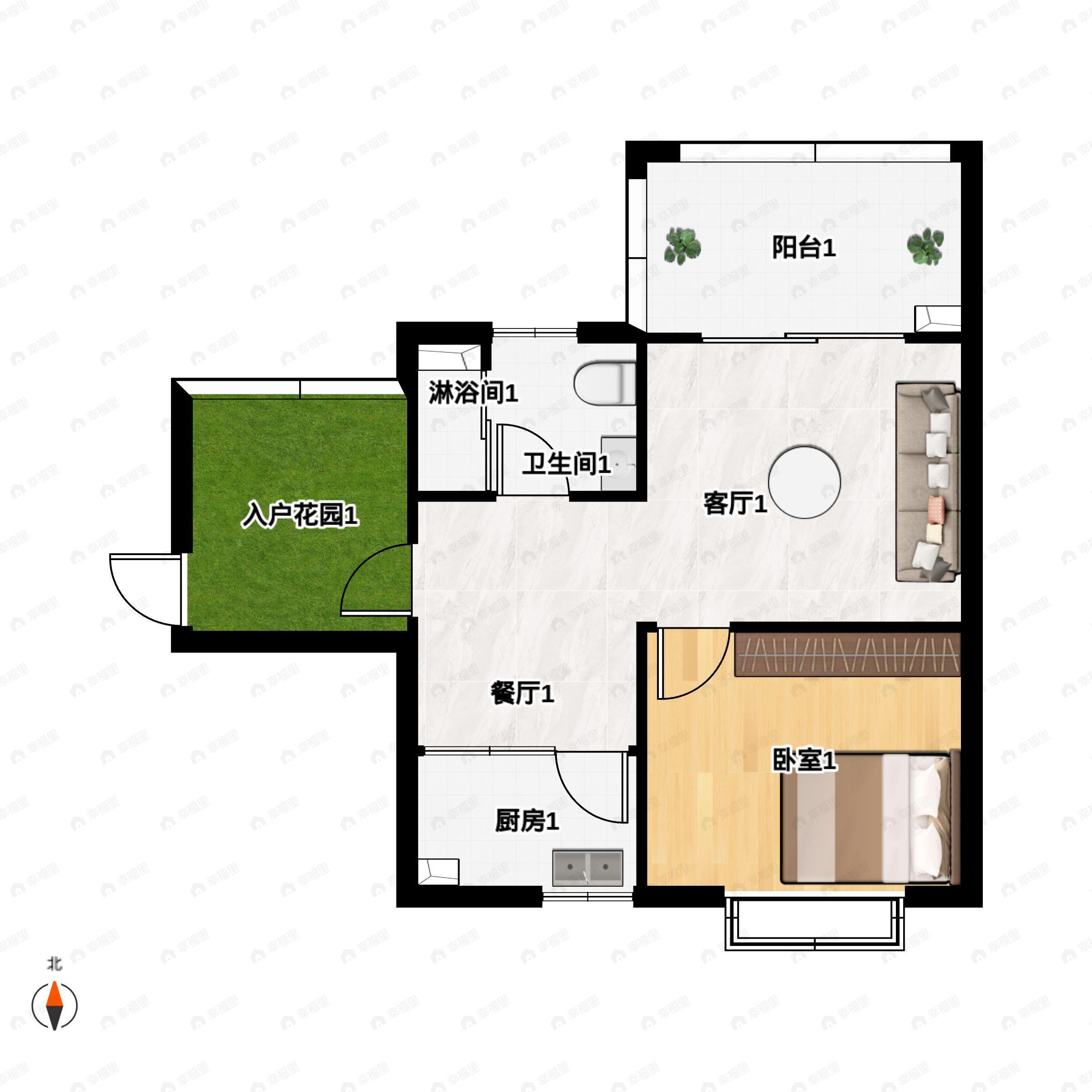 1室2厅1卫建面64平户型图