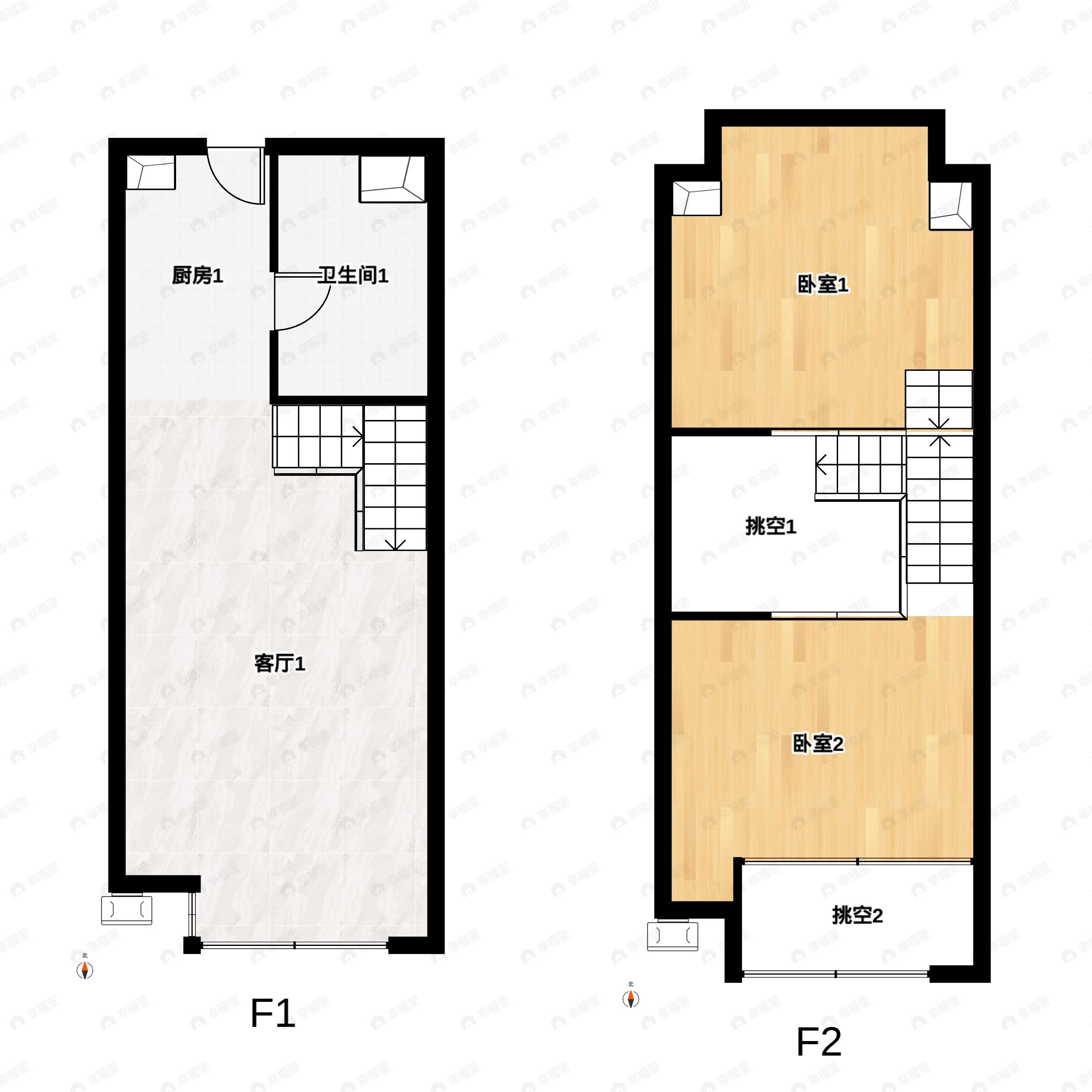 2室2厅1卫建面44平户型图