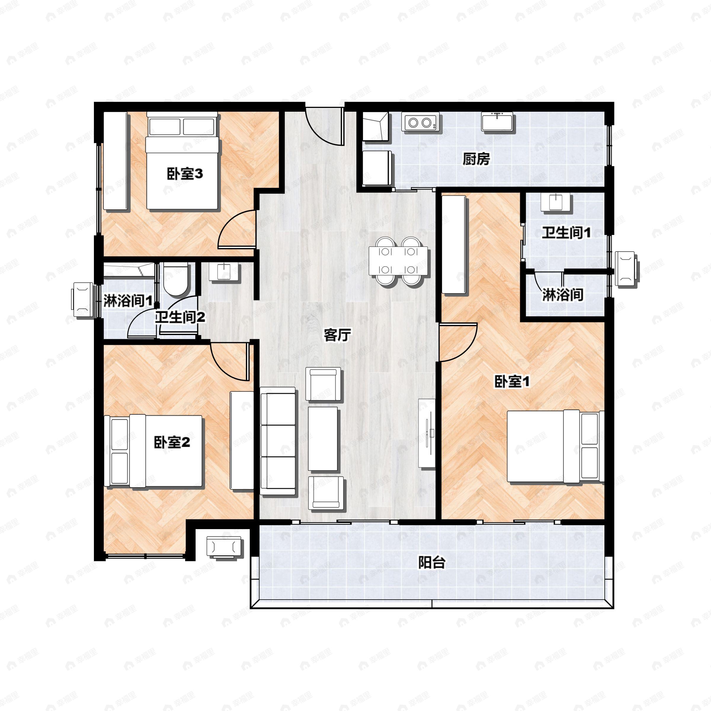 3室2厅2卫建面128平户型图