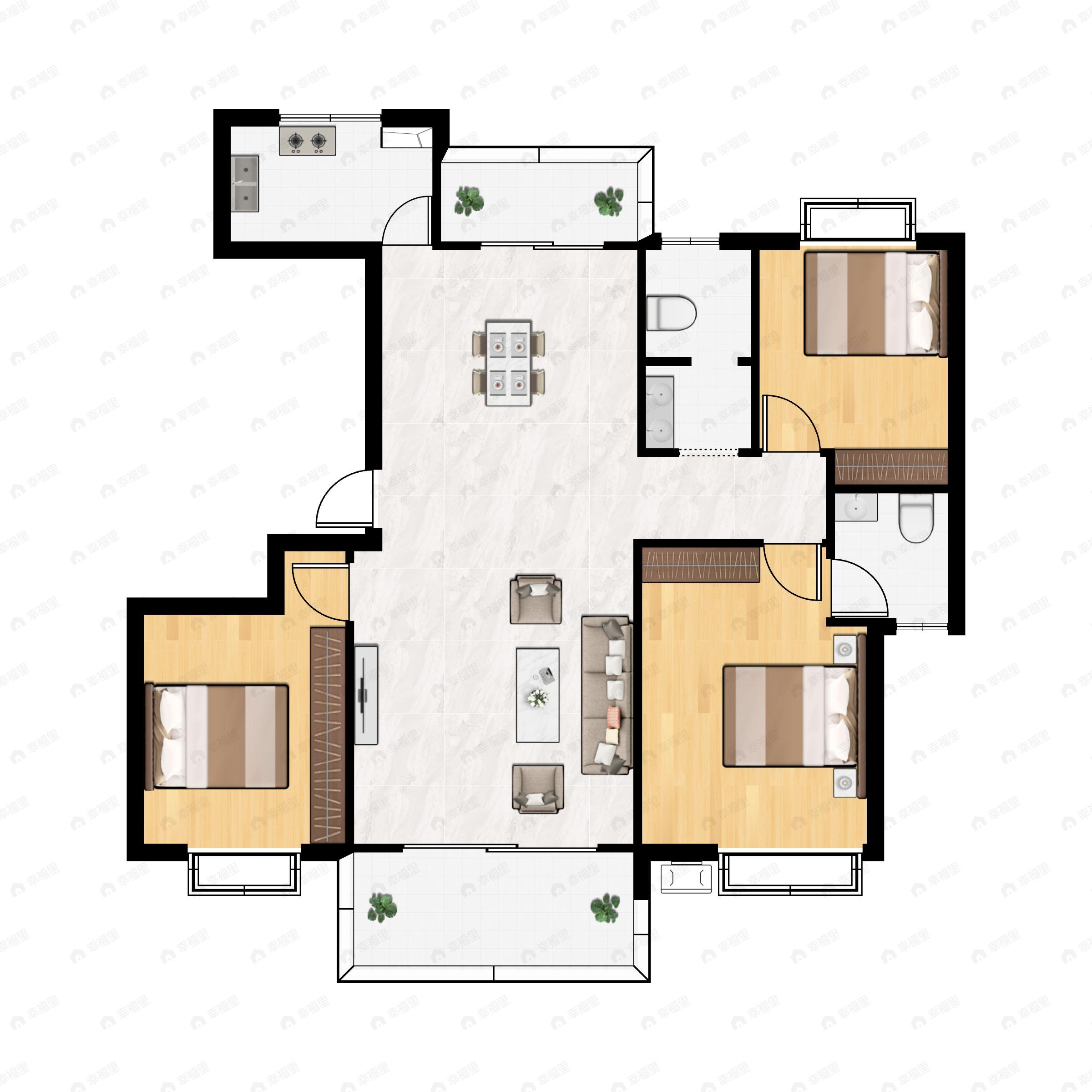 3室2厅2卫建面128m²南户型图