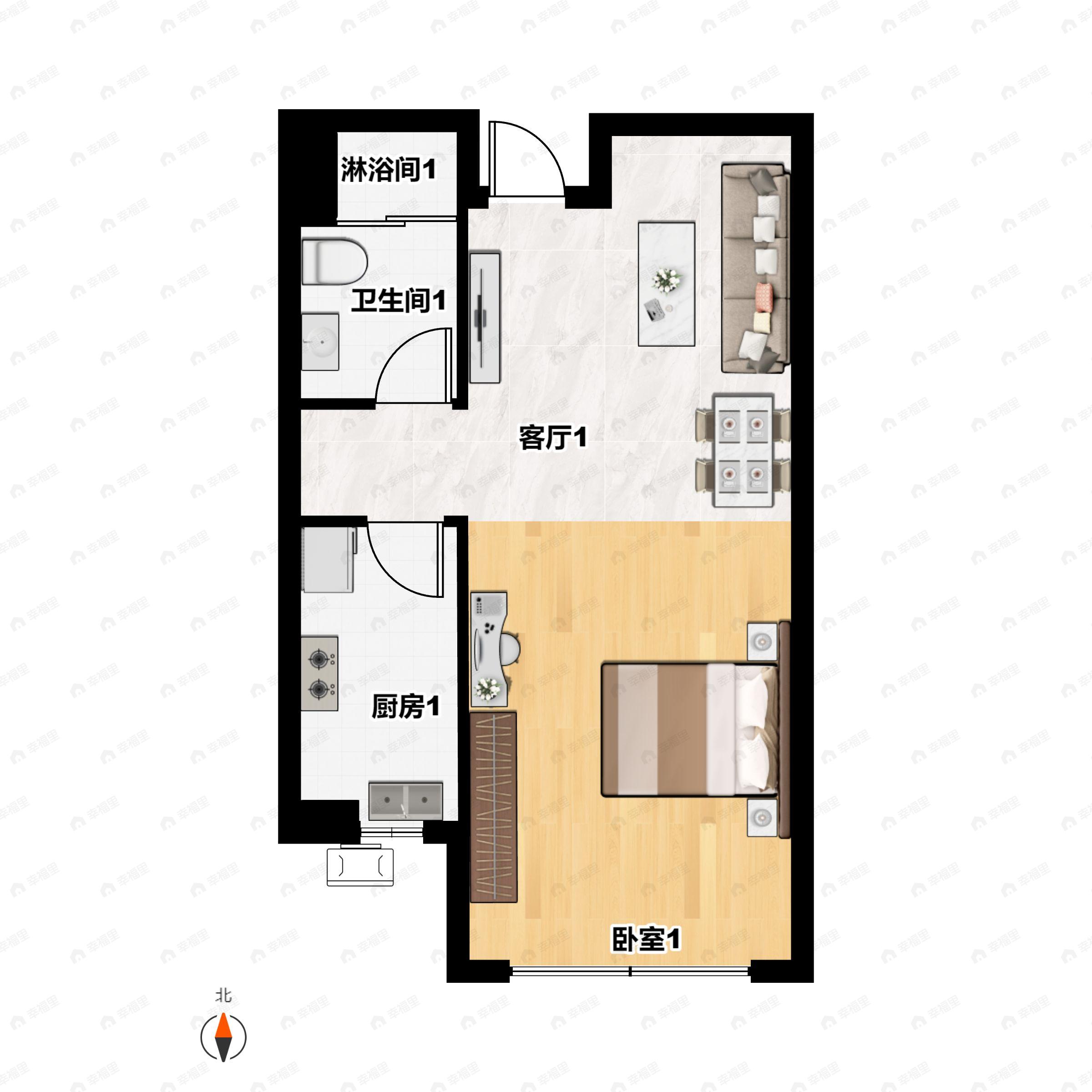 1室2厅1卫建面52平户型图