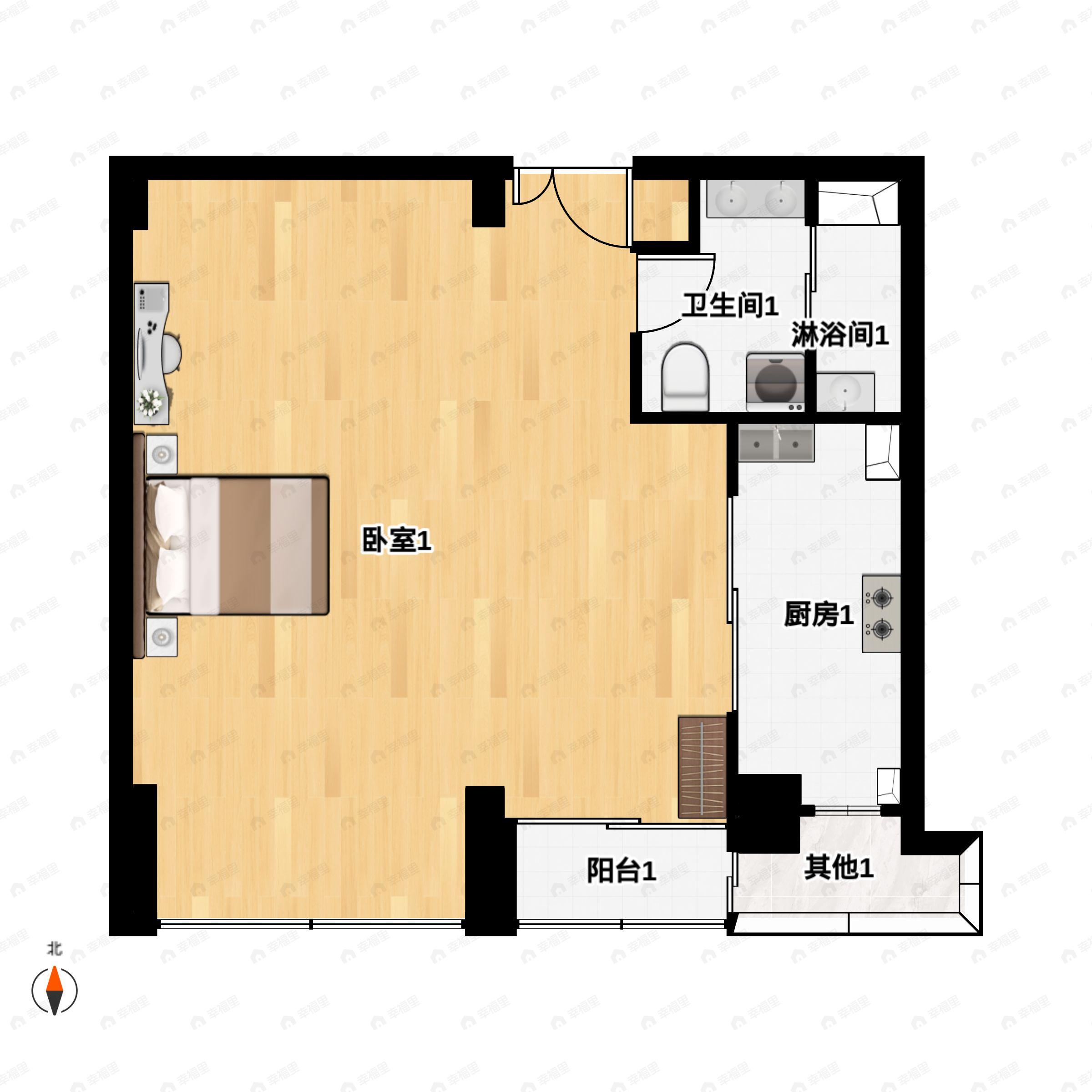 1室2厅1卫建面80m²南户型图