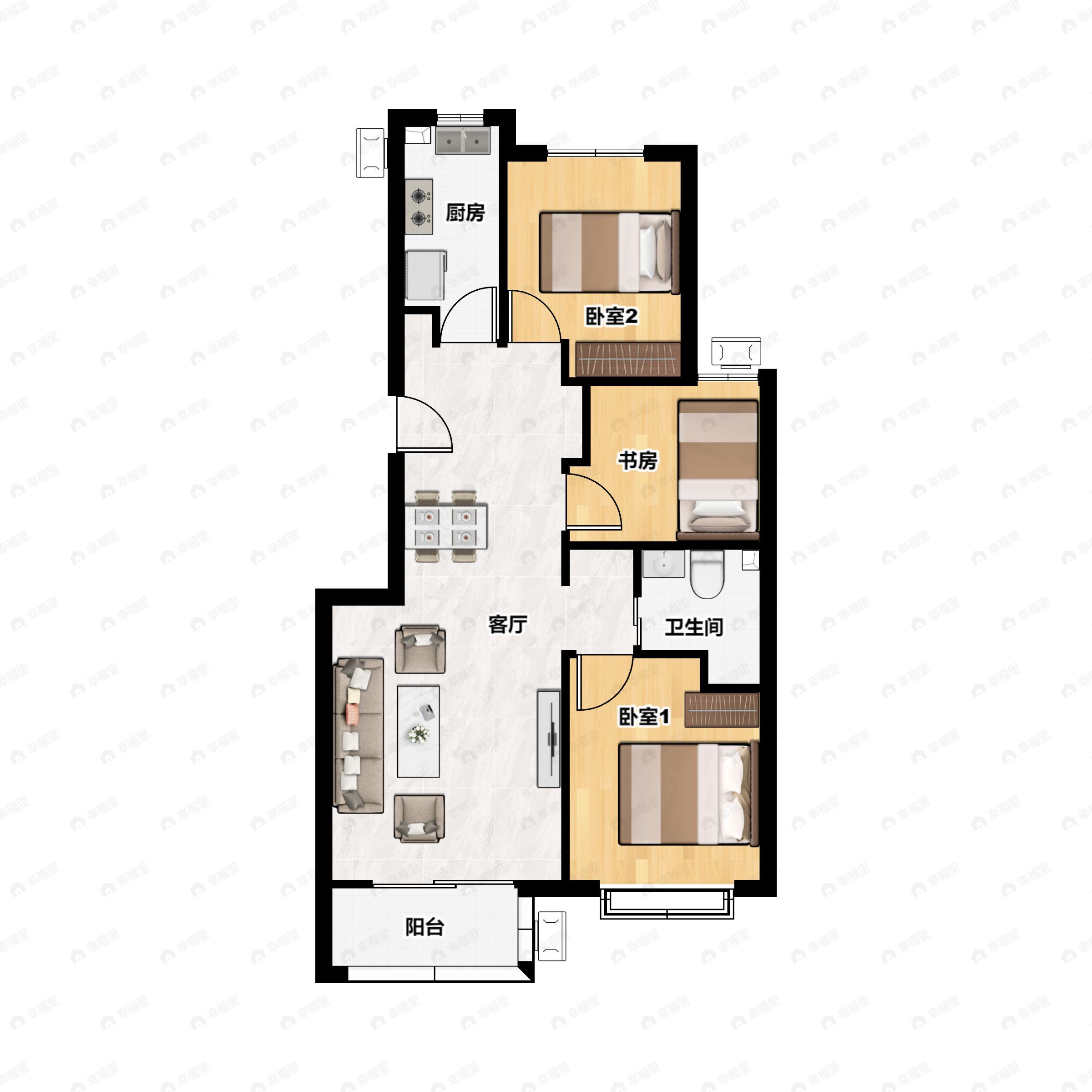 3室2厅1卫建面97m²南户型图