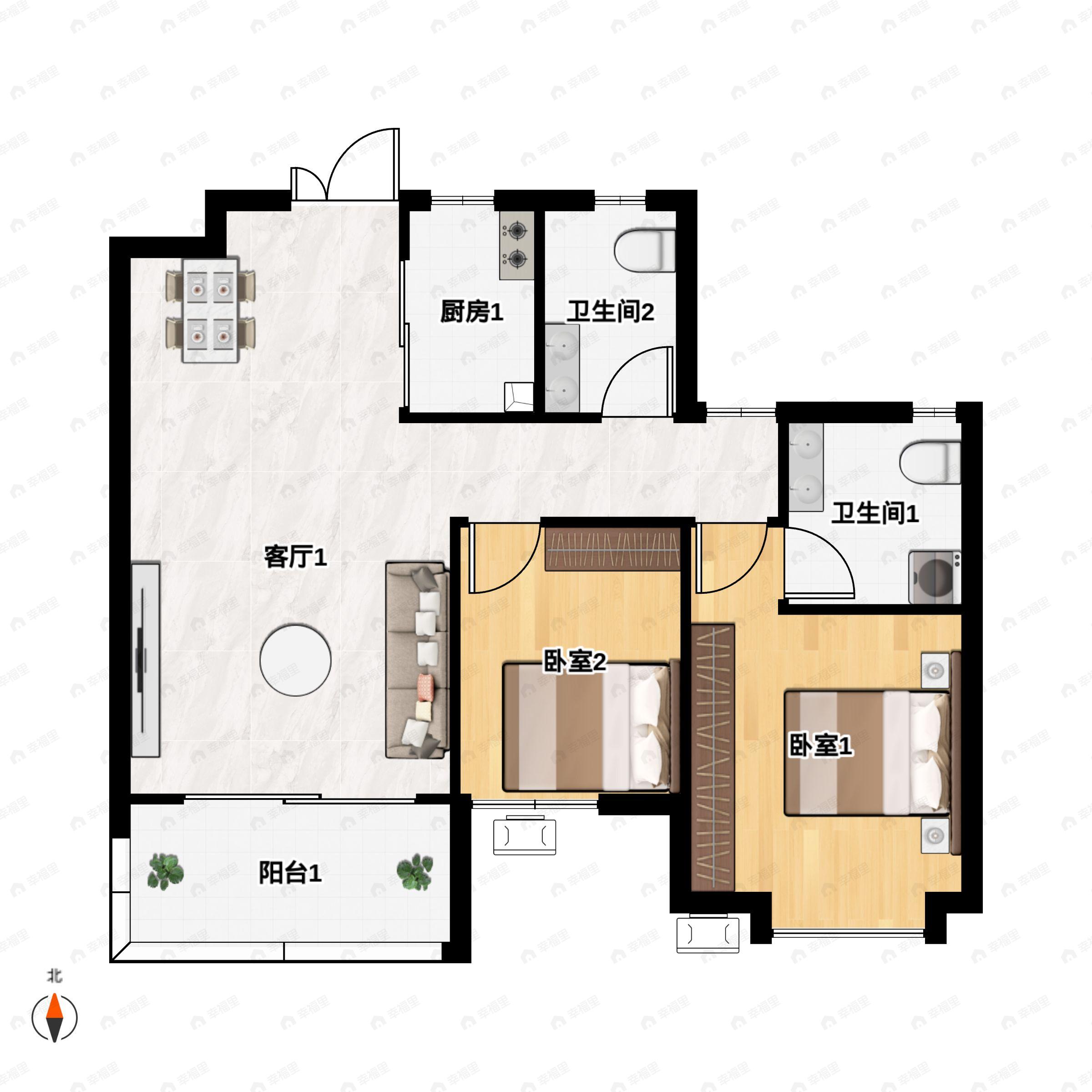 2室2厅2卫建面93m²南|北户型图