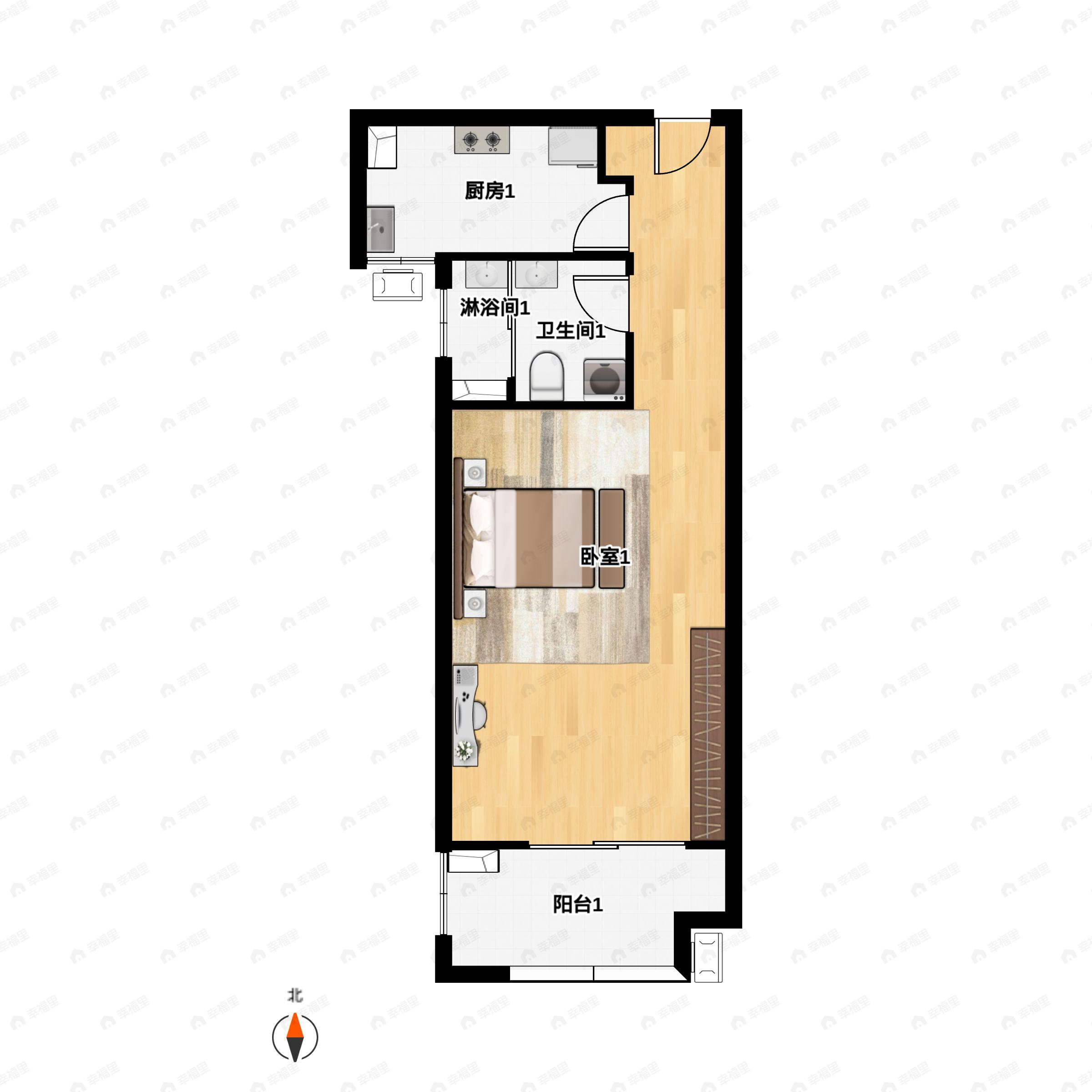 1室1厅1卫建面51m²南|北户型图