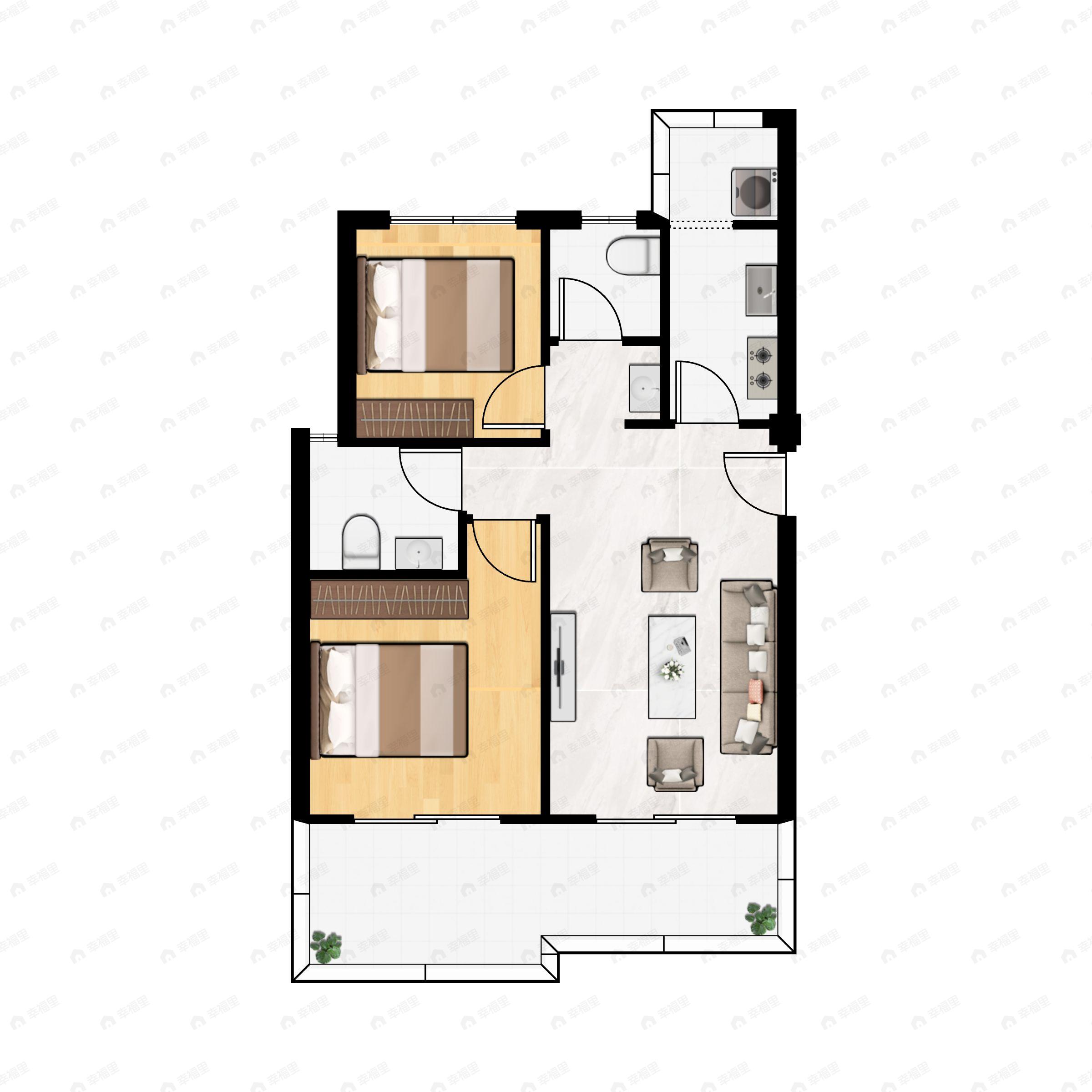 2室2厅2卫建面74平北户型图