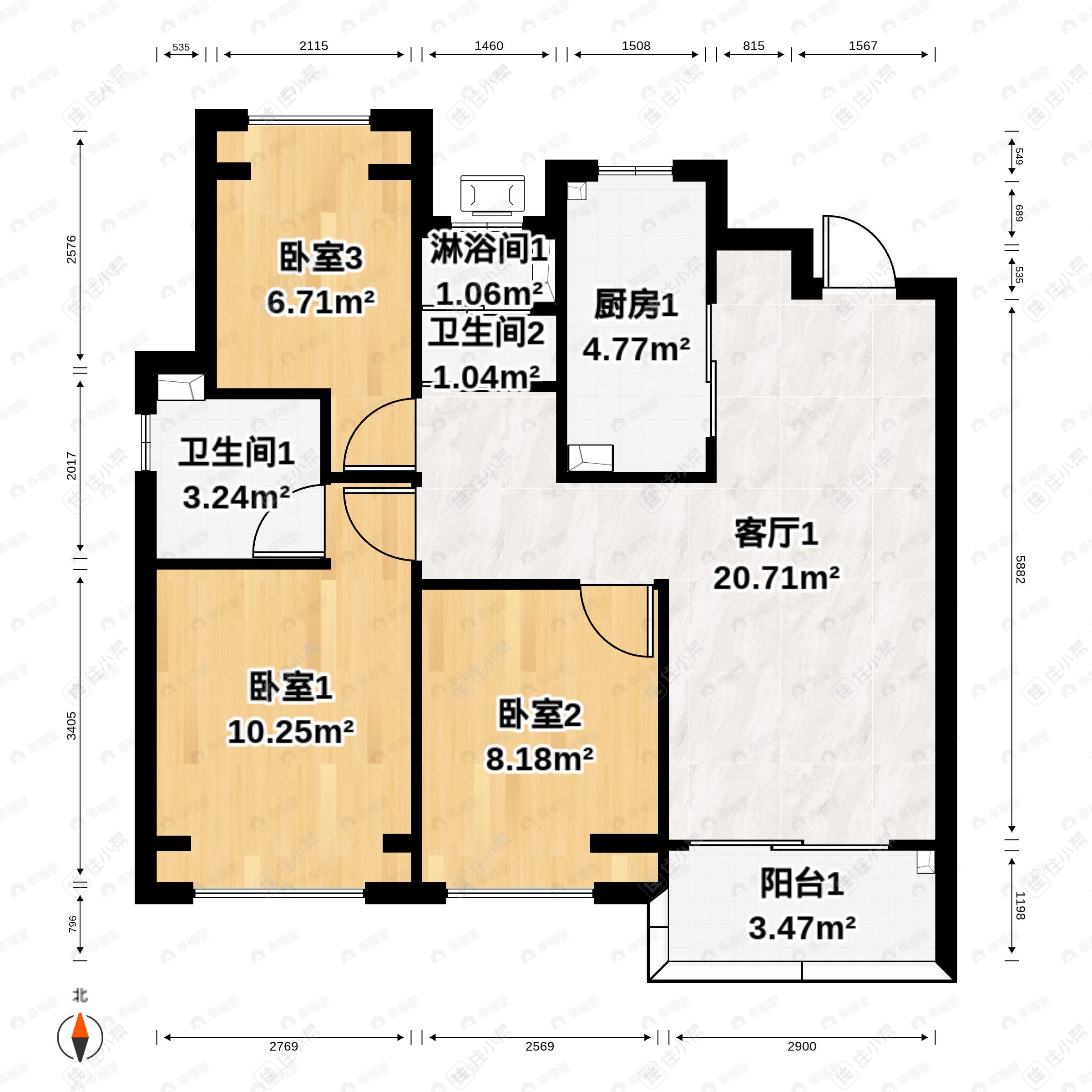 3室2厅2卫建面100平南户型图