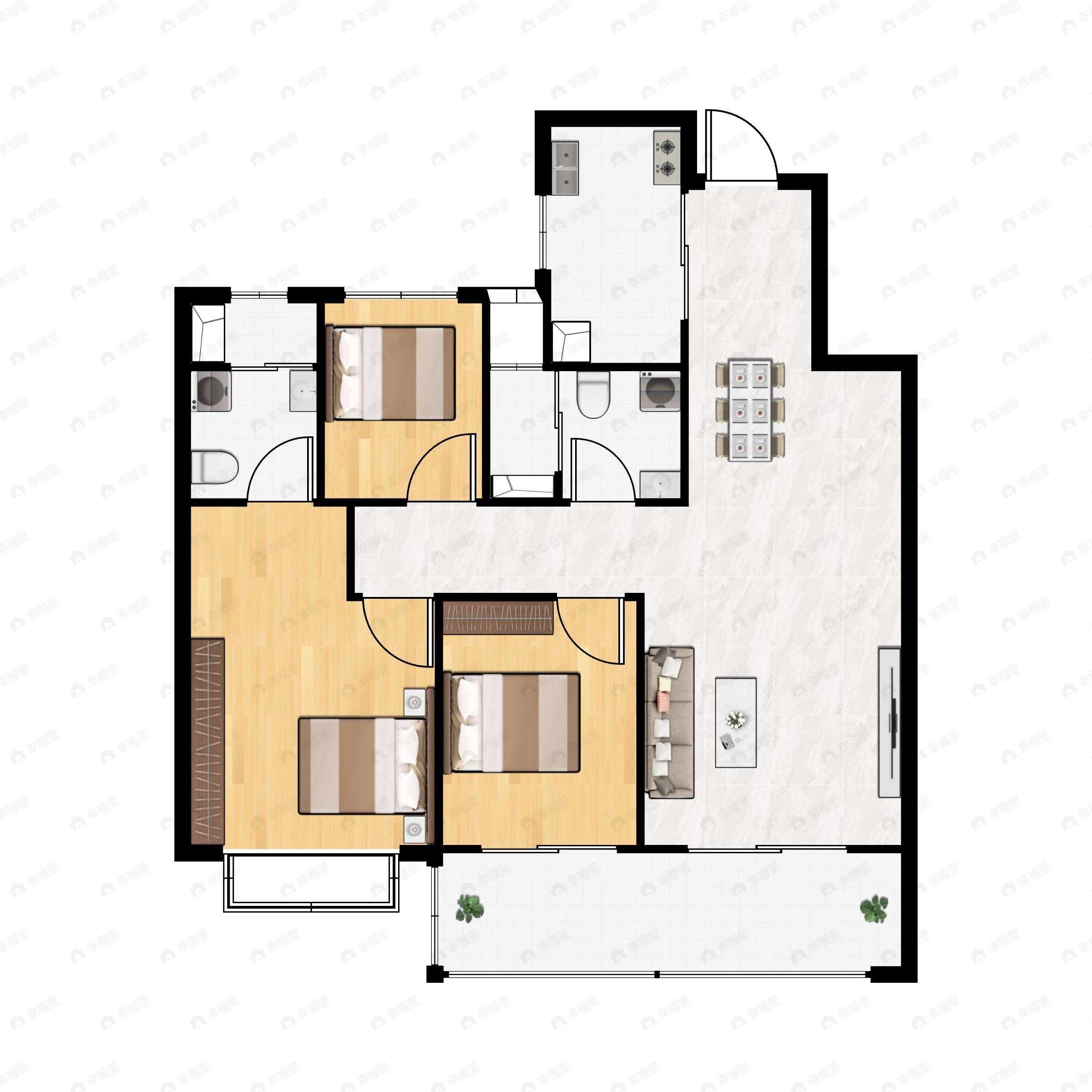 3室2厅2卫建面96m²南户型图