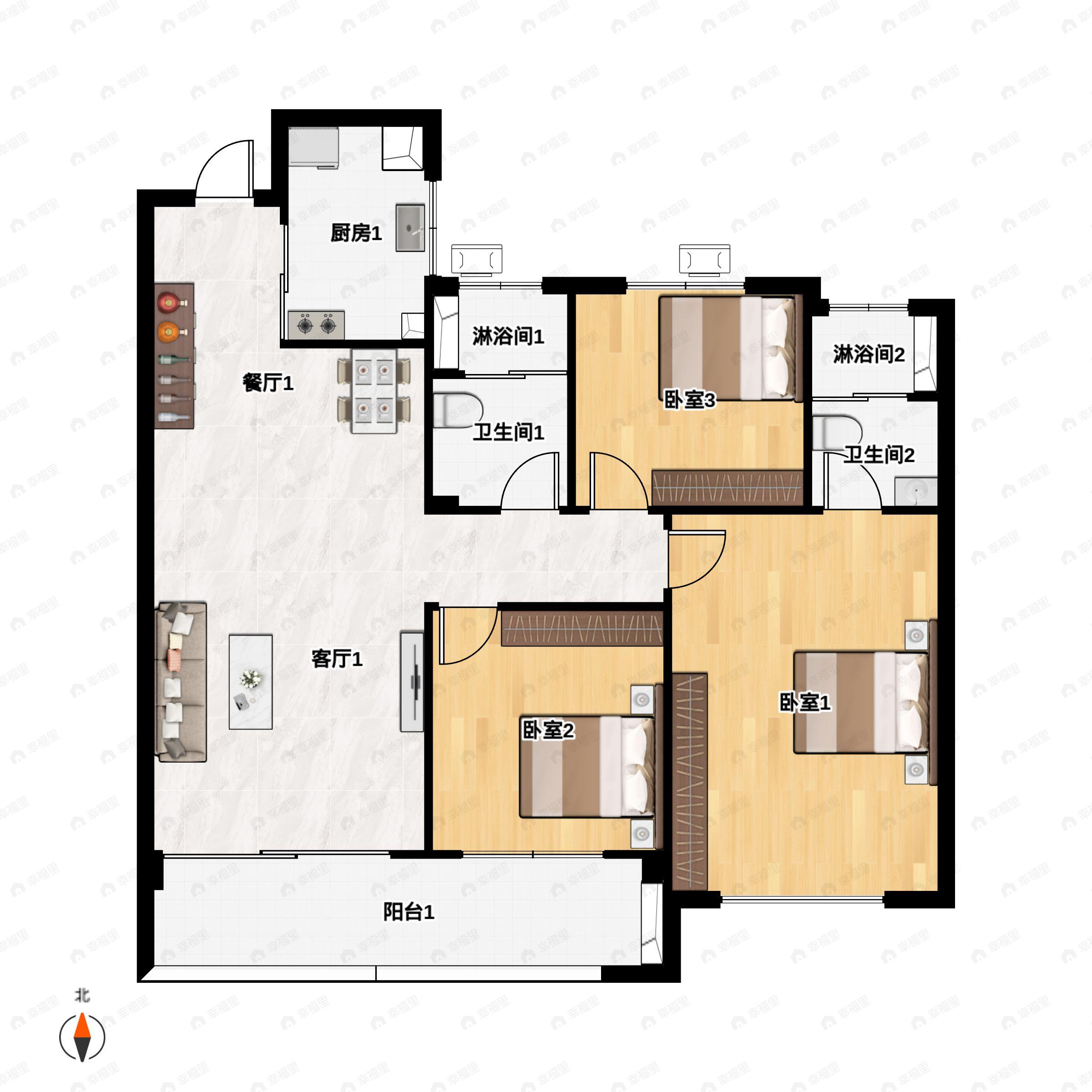 3室2厅2卫建面105平南户型图