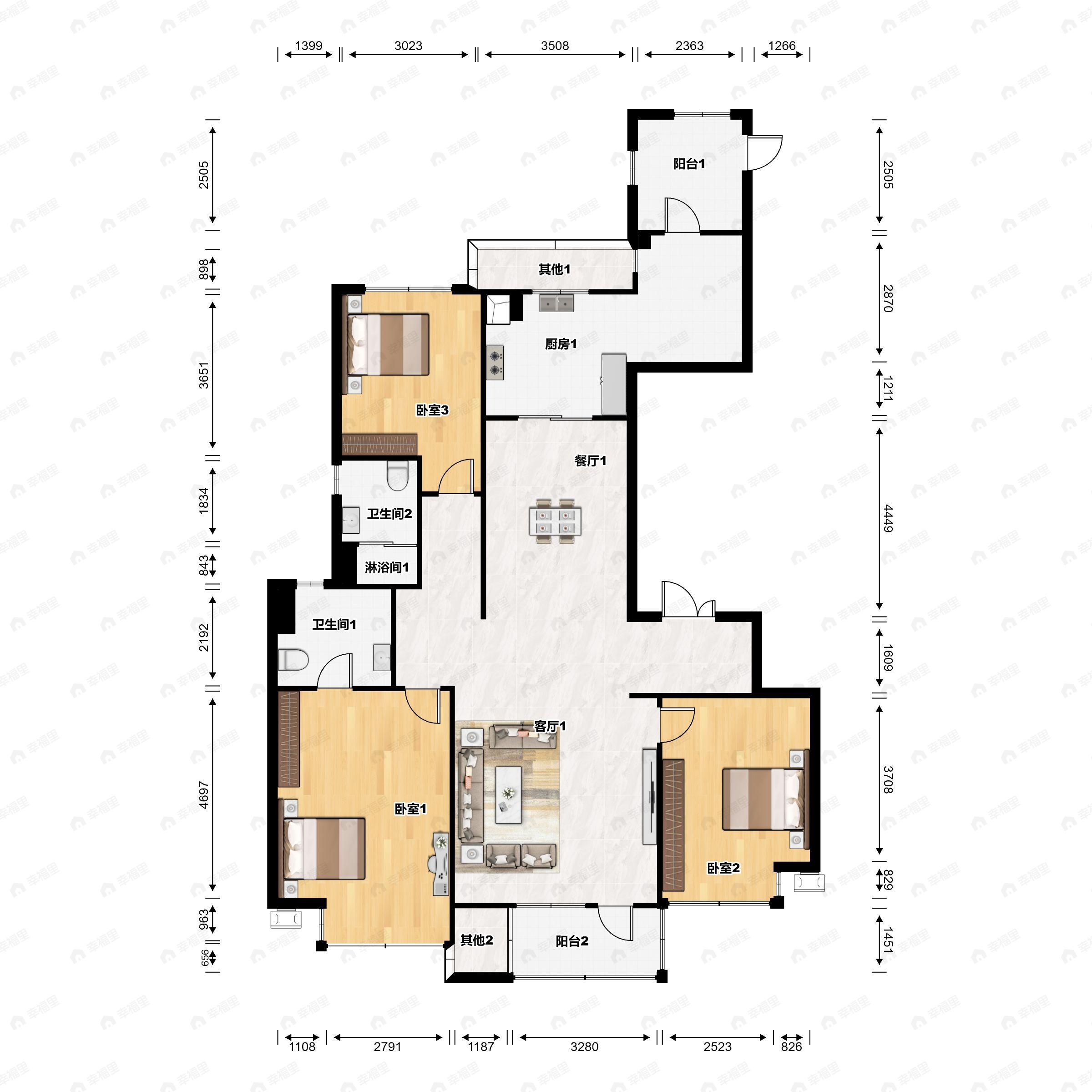 3室2厅2卫建面160平南户型图