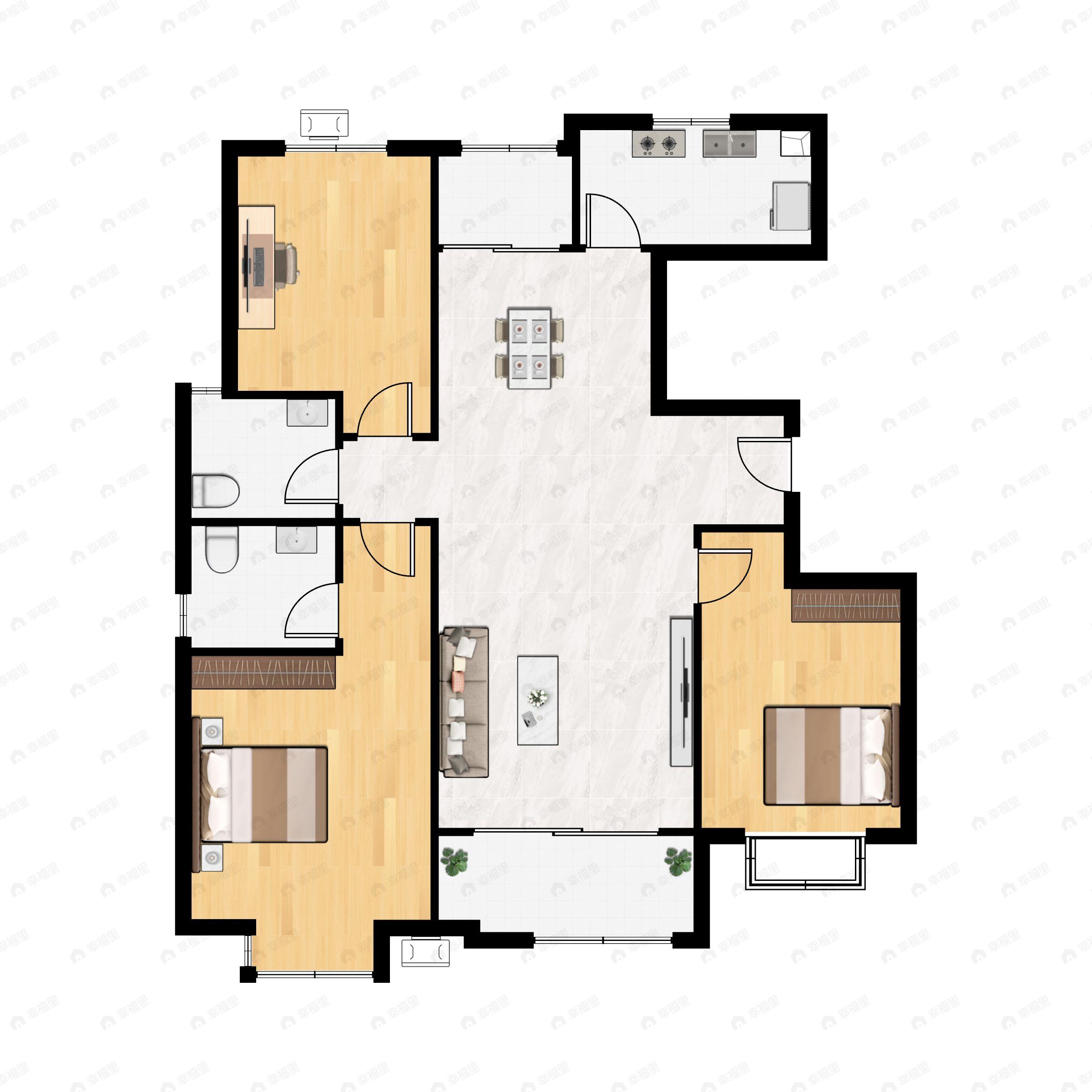 3室2厅2卫建面123m²南户型图