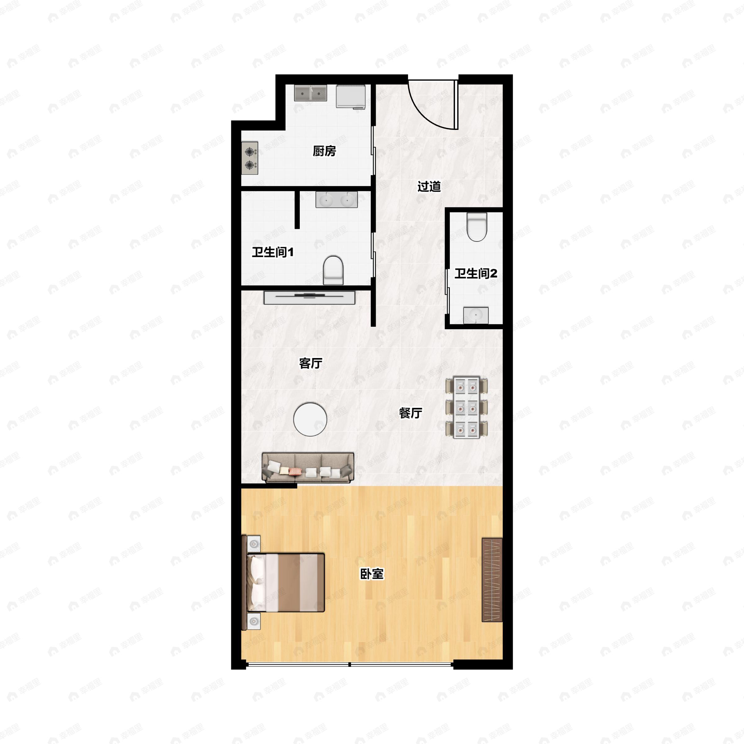 1室2厅1卫建面69平南户型图