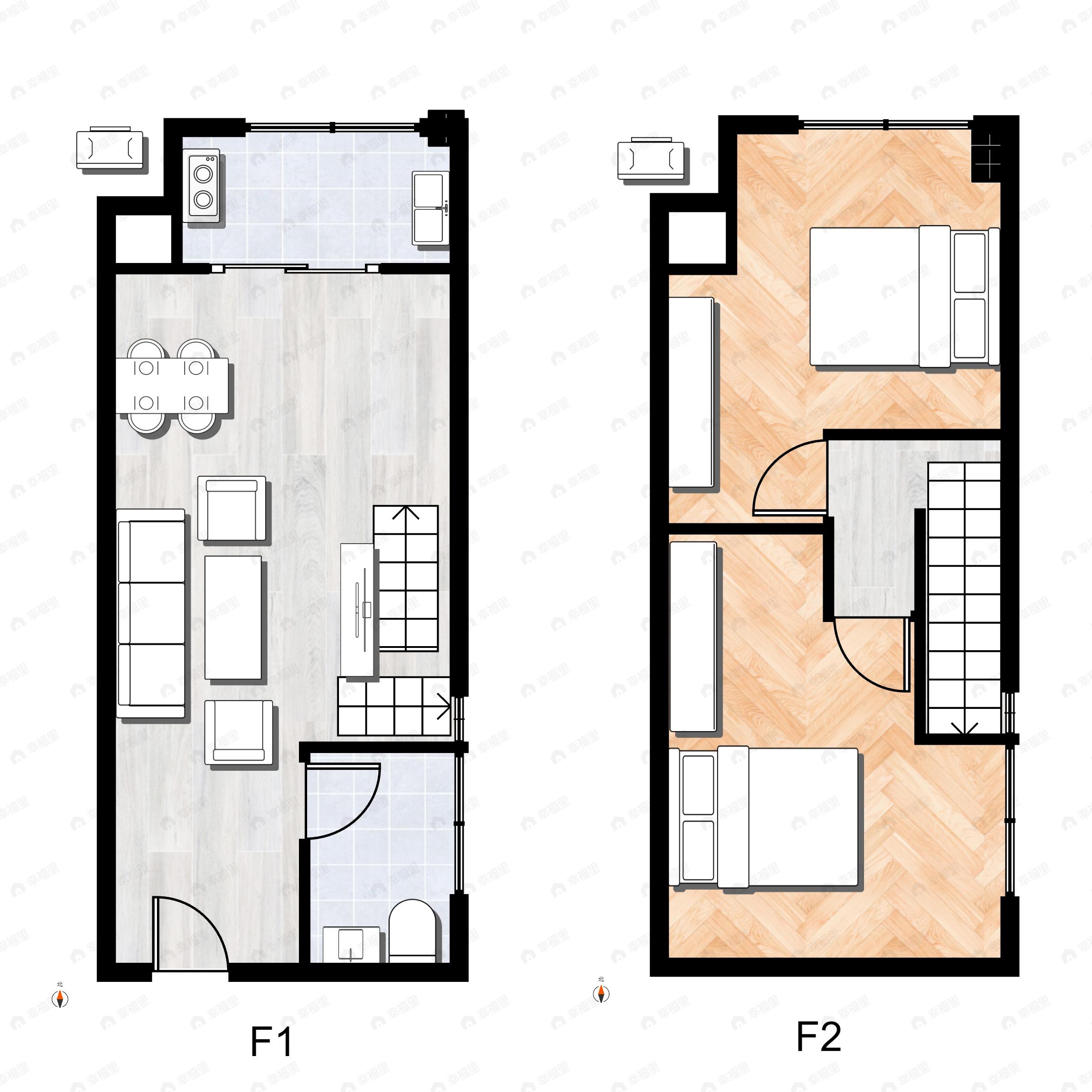 2室2厅1卫建面48平北户型图