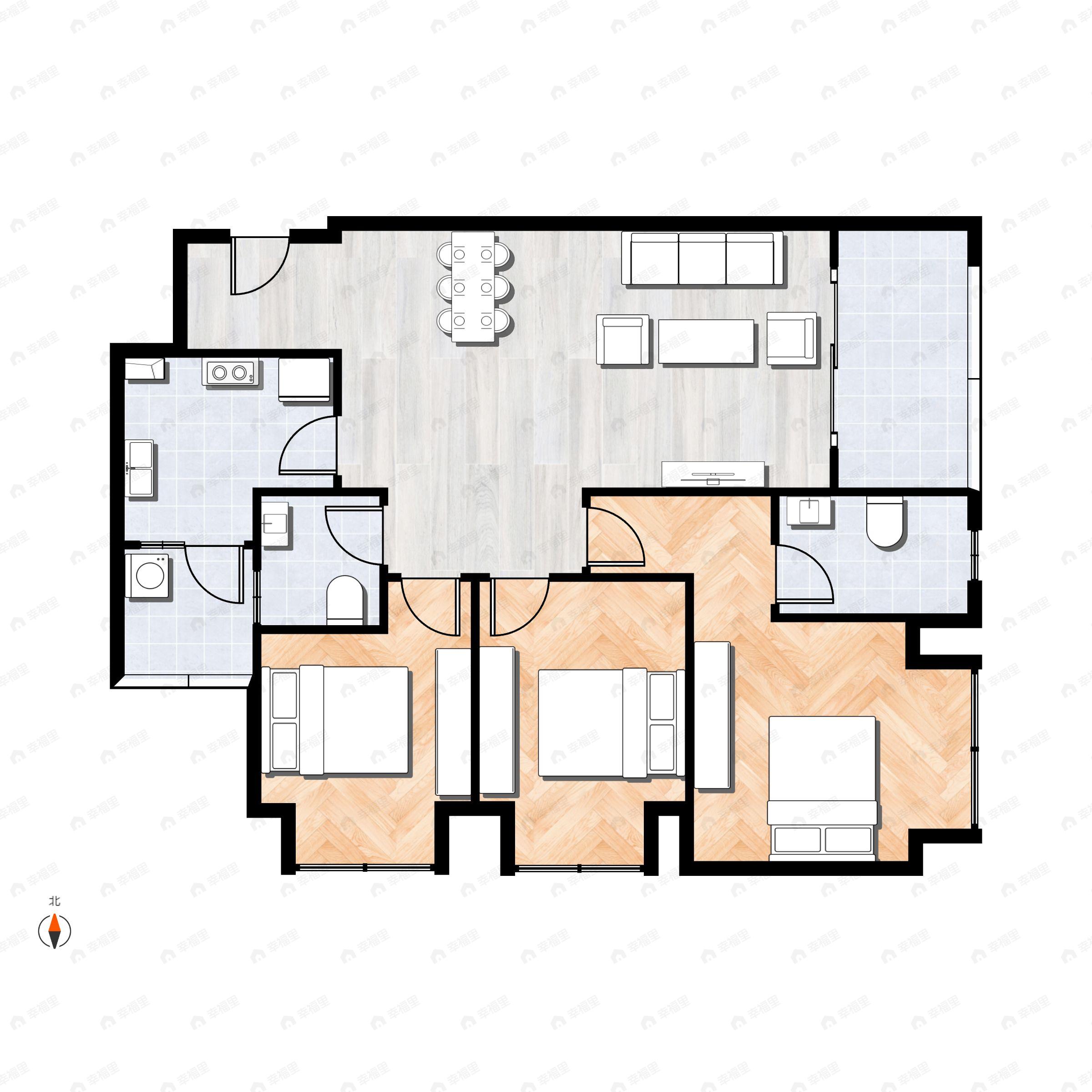 3室2厅2卫建面97平西南|东北户型图