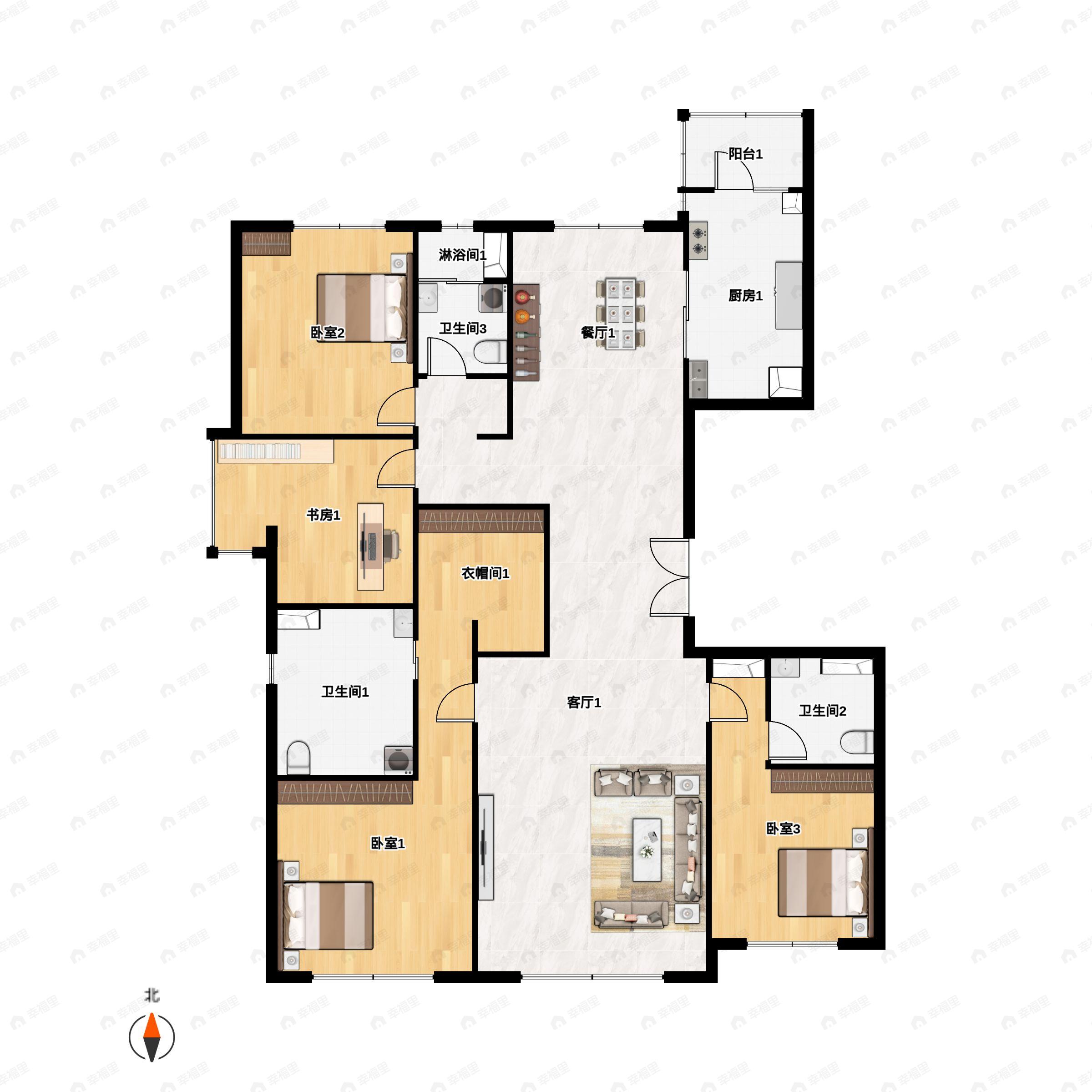 4室2厅3卫建面175m²南|北户型图