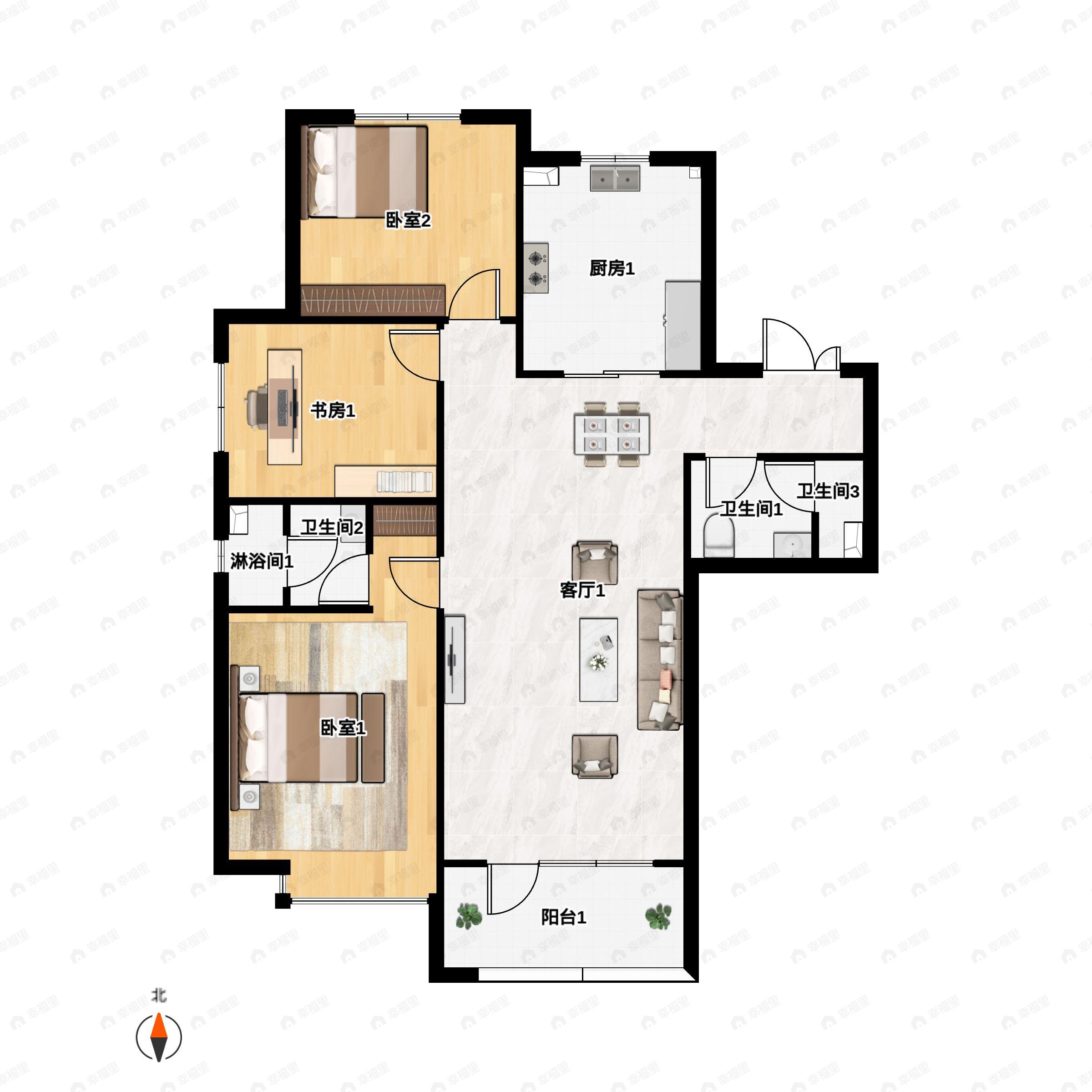 3室2厅2卫建面125m²南户型图