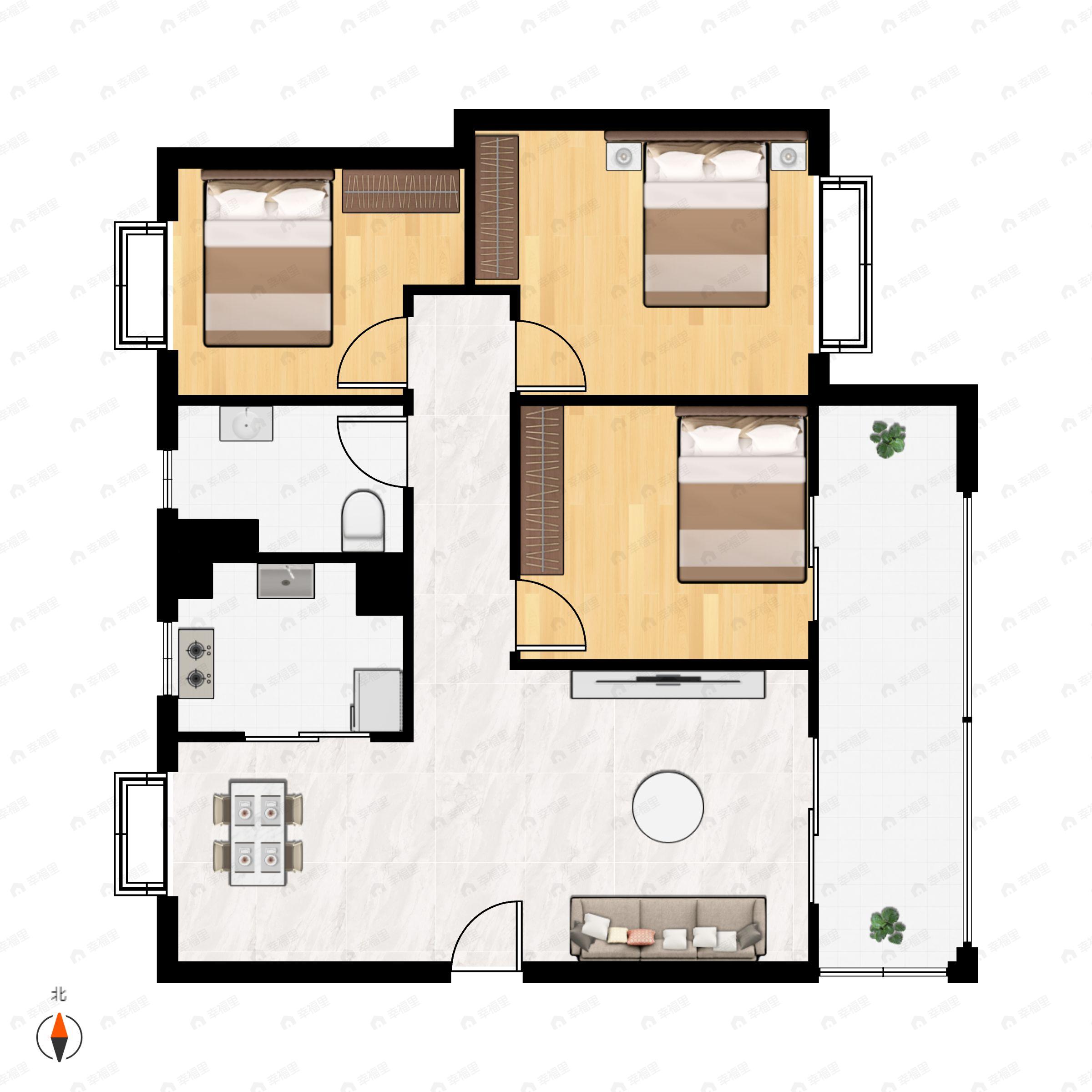 3室2厅1卫建面88m²东户型图