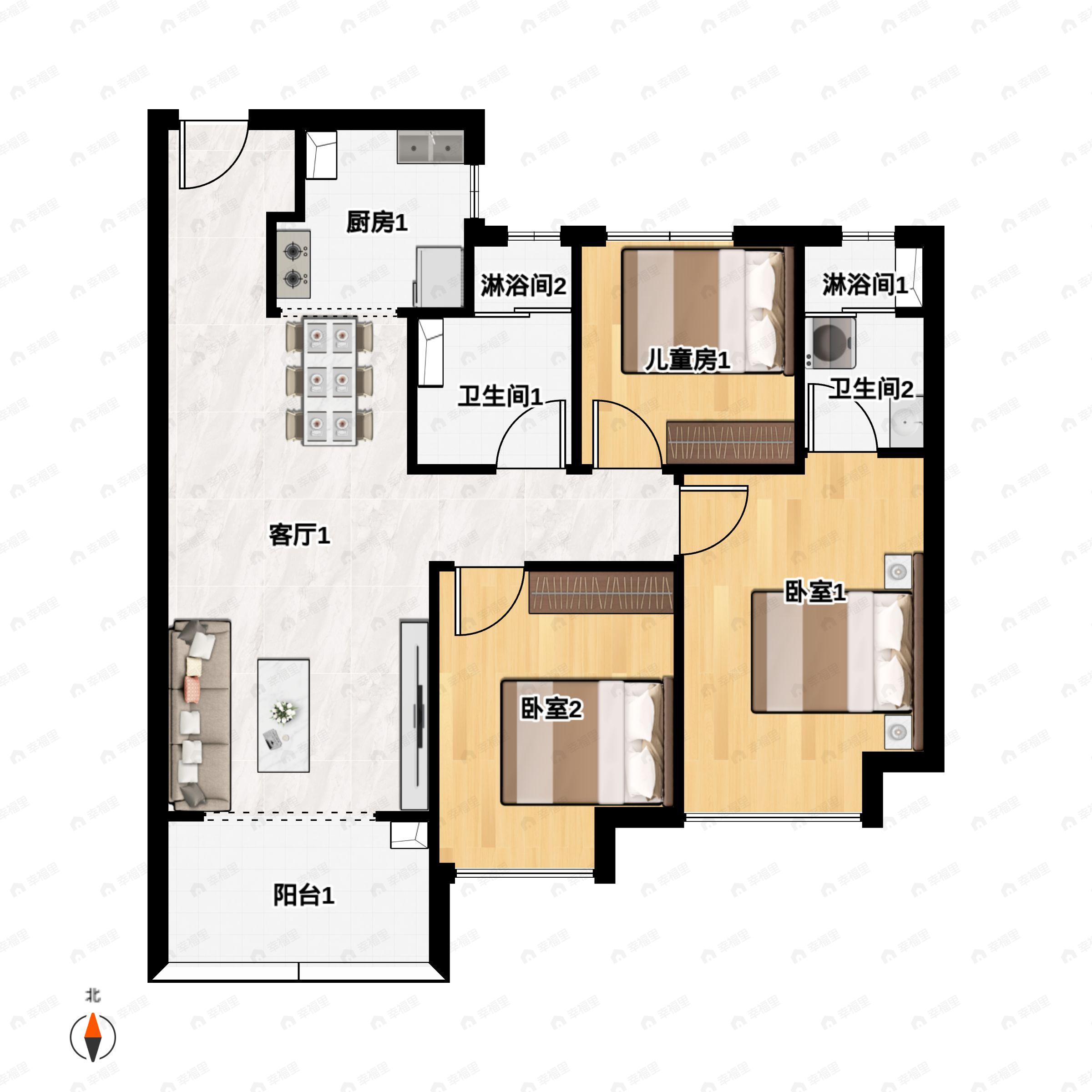 3室2厅2卫建面98m²南户型图