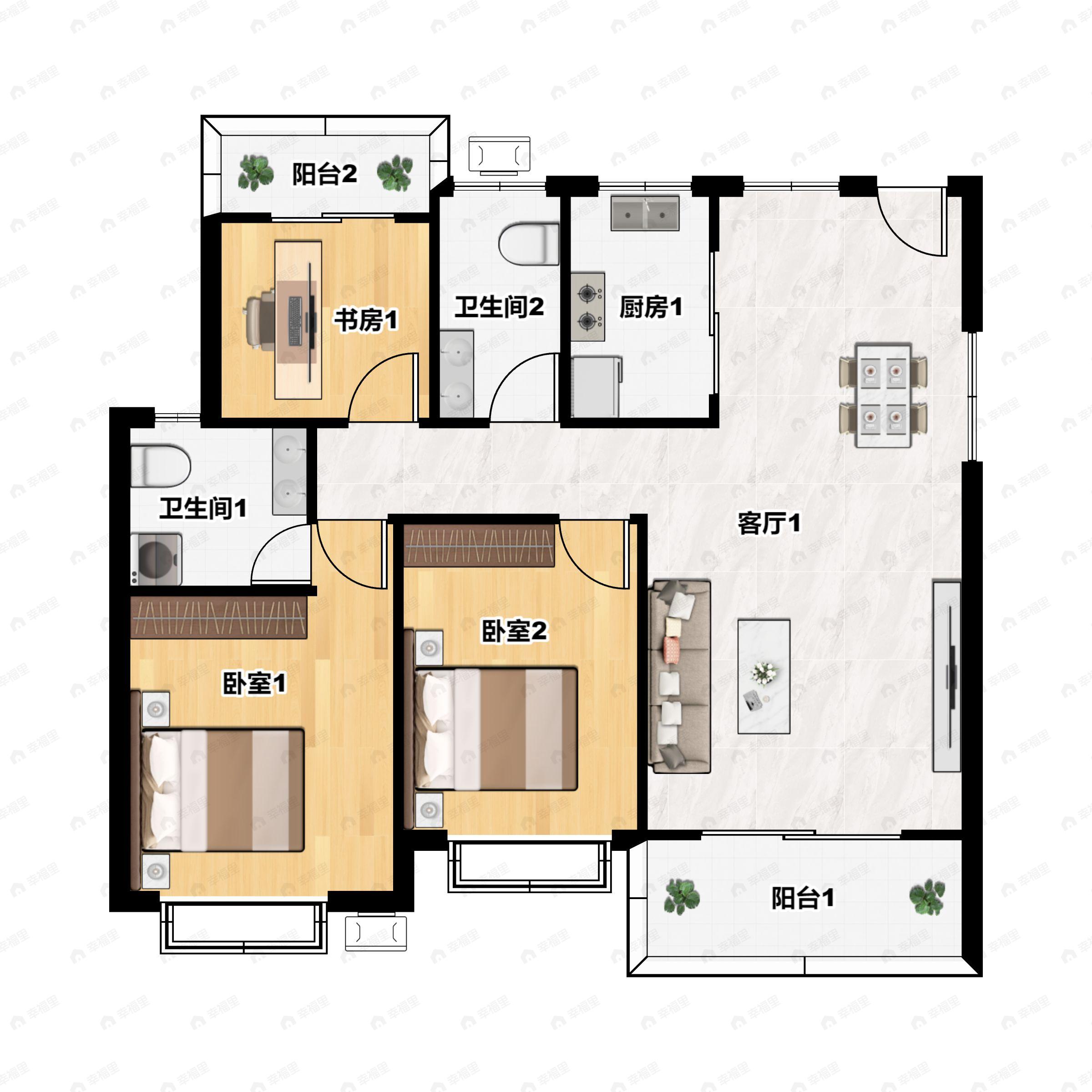 3室2厅2卫建面109m²南户型图