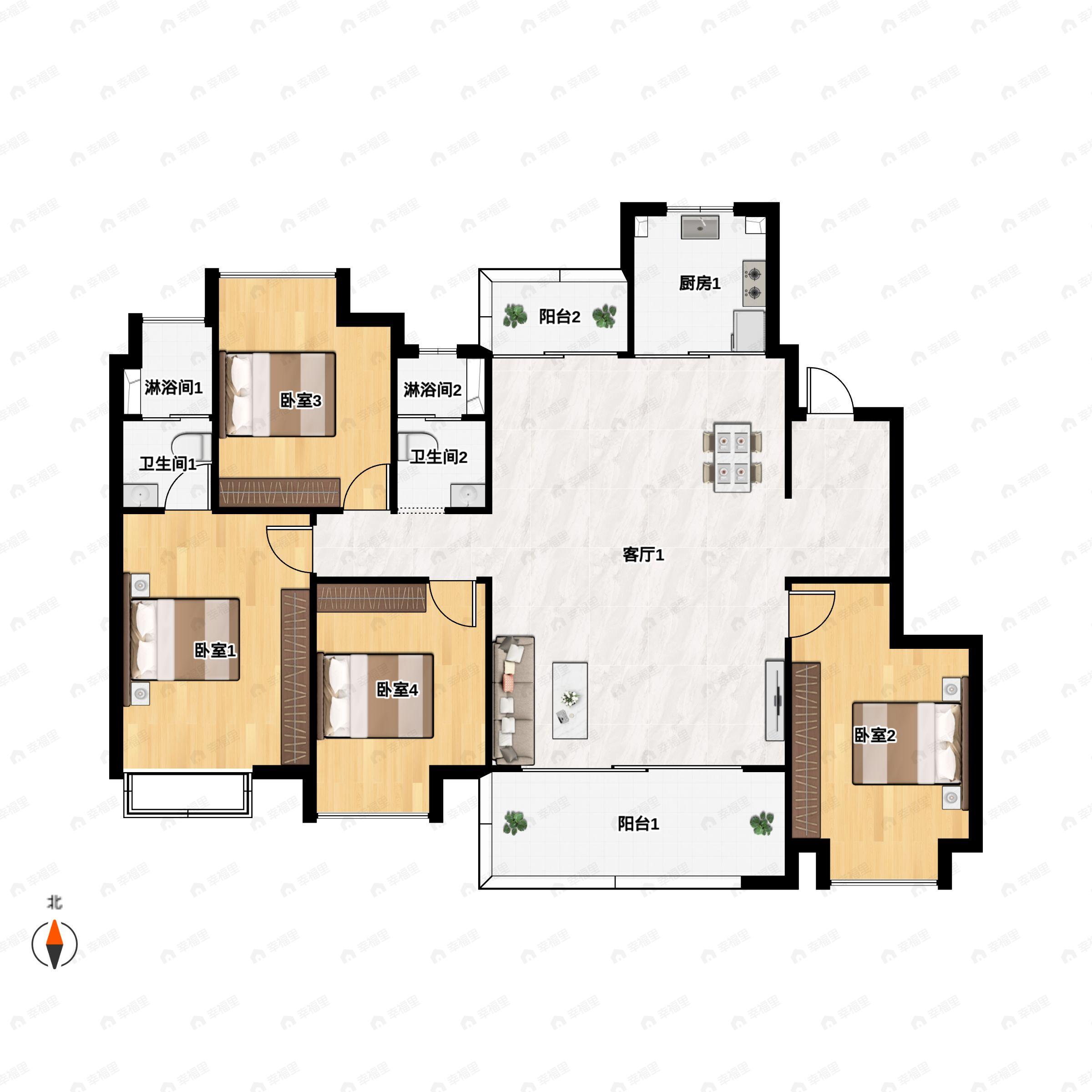 4室2厅2卫建面138平南户型图